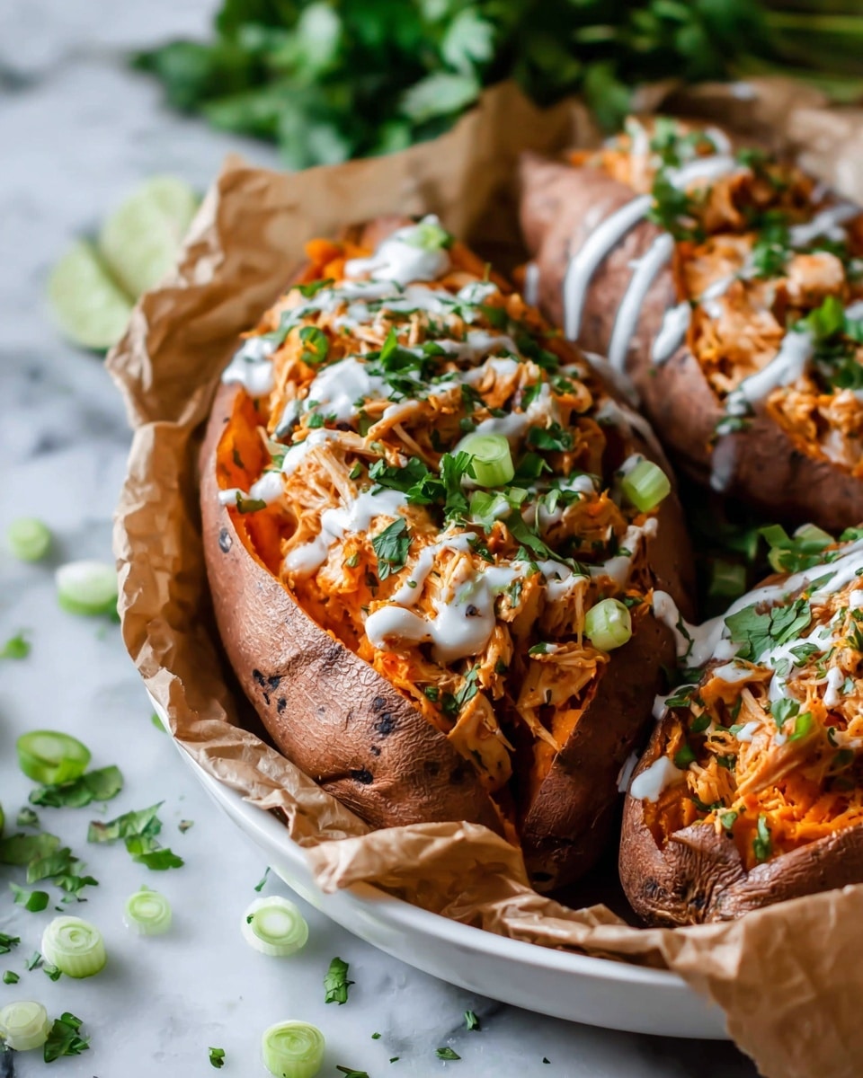 The image shows two baked sweet potatoes on crumpled brown paper inside a metal dish. Each sweet potato is split open and filled with shredded orange-orange chicken mixed with light green chopped vegetables. White creamy sauce is drizzled across the top of the filling and sweet potato skin, with black pepper sprinkled on it. Bright green fresh cilantro leaves are scattered on top and around the dish. The background has a white marbled texture with out-of-focus green herbs. photo taken with an iphone --ar 4:5 --v 7