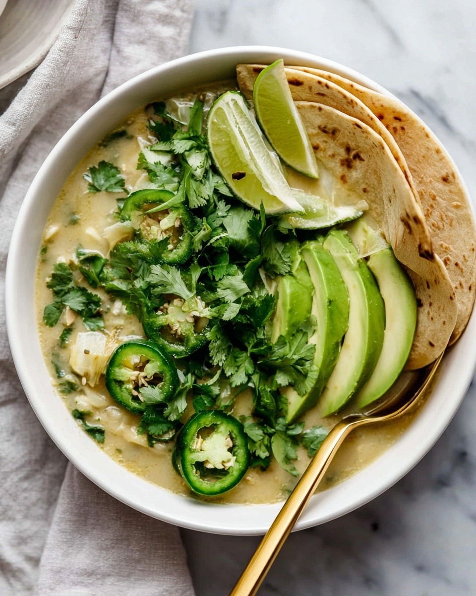 A white bowl filled with a thick soup base that looks creamy and light green with small bits of herbs and vegetables mixed in. On top, there are thin slices of avocado arranged on one side, bright green rings of jalapeño placed near the center, and fresh green cilantro leaves scattered around. A wedge of lime with a small bite taken out is nestled near the jalapeño. Three folded pale yellow tortilla chips stand upright along the edge of the bowl. A golden spoon is partially inside the bowl, resting on the soup. The bowl is set on a white marbled surface. photo taken with an iphone --ar 4:5 --v 7