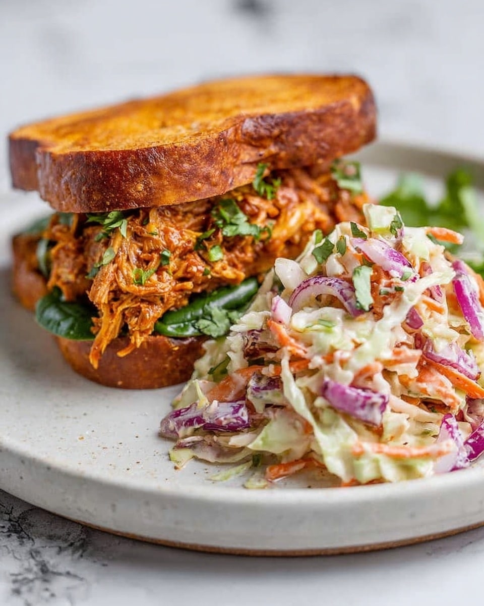 A sandwich is shown on a white round plate placed on a white marbled surface, next to a serving of coleslaw. The sandwich has three visible layers: the bottom layer is green leafy lettuce, the middle layer has shredded orange and brown pulled chicken mixed with green herbs and small pieces of chopped white onion, and the top layer is a thick, round slice of toasted orange sweet potato acting as the sandwich bun. The coleslaw beside the sandwich is made of shredded white cabbage, thin orange carrot strips, and some purple cabbage, all mixed with a light dressing. The setting includes a striped cloth in the upper left corner. Photo taken with an iphone --ar 4:5 --v 7