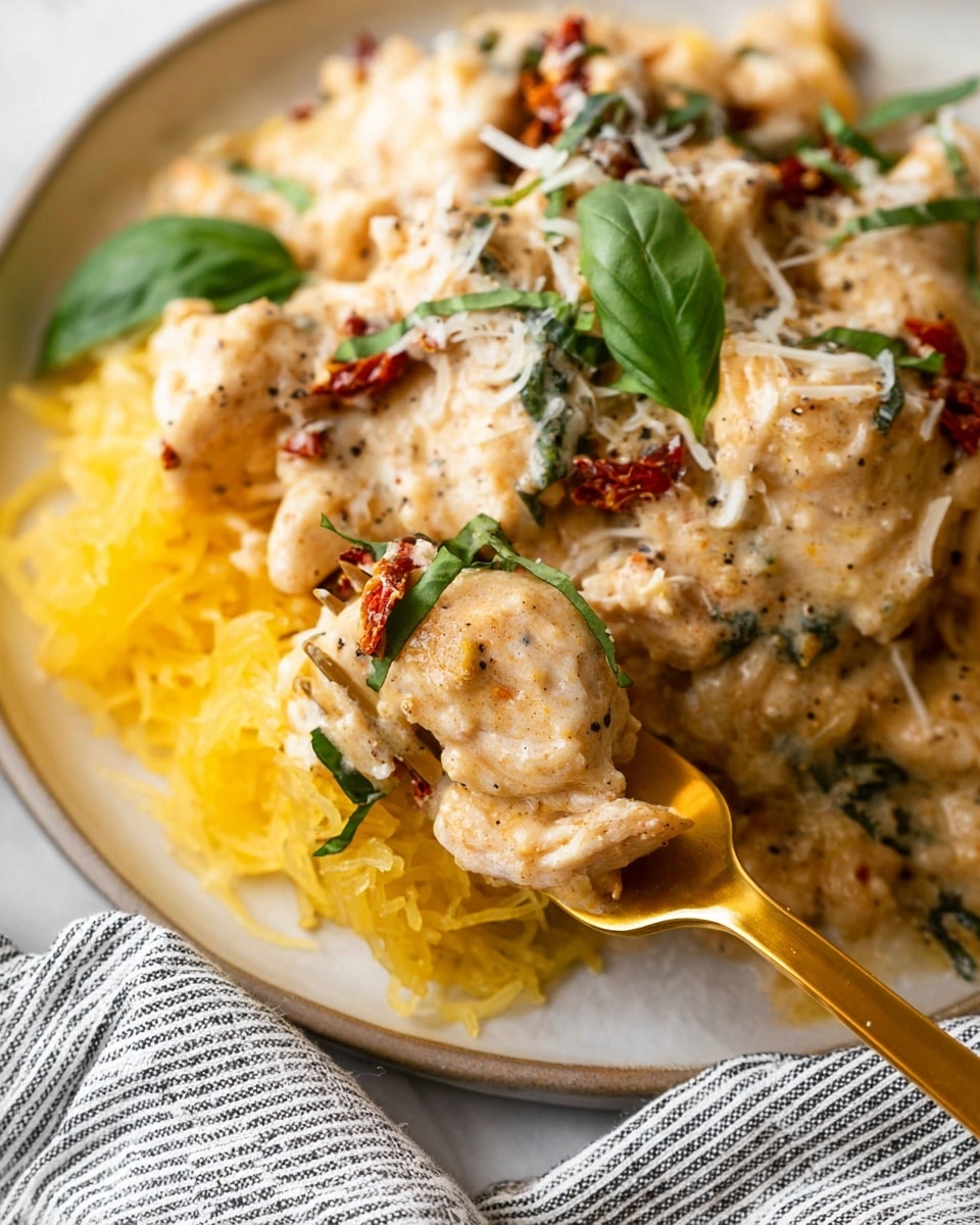 The image shows a creamy dish served on a white plate placed on a white marbled surface. The dish has three main parts: a layer of yellow shredded spaghetti squash at the right and left edges, a piece of meat covered with a thick creamy sauce mixed with small bits of red sun-dried tomatoes and specks of black pepper in the middle, and fresh green basil leaves scattered on top. A golden fork is holding a bite-sized piece of the meat with creamy sauce dripping gently, showing the tender texture inside. The whole composition looks warm, creamy, and fresh. Photo taken with an iphone --ar 4:5 --v 7