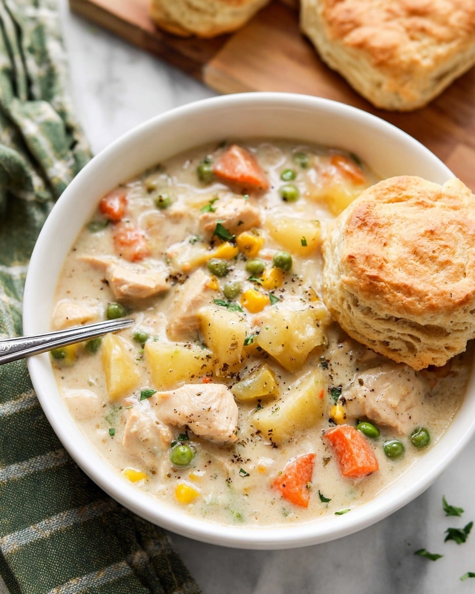 A white bowl filled with a thick creamy chicken and vegetable stew. The stew shows visible layers of tender white chicken pieces, soft yellow potato cubes, bright yellow corn, green peas, orange carrot chunks, and small bits of celery, all mixed in a creamy light beige sauce with specks of black pepper and green herb flakes on top. A golden brown biscuit is placed on the right side inside the bowl, its inside showing soft, flaky layers. A metal spoon is sticking into the stew on the left side. The bowl sits on a white marbled surface with a green checkered cloth partially visible on the left side. In the blurred background behind the bowl, there is a white bowl with green herbs and another biscuit resting on a wooden round board. photo taken with an iphone --ar 4:5 --v 7