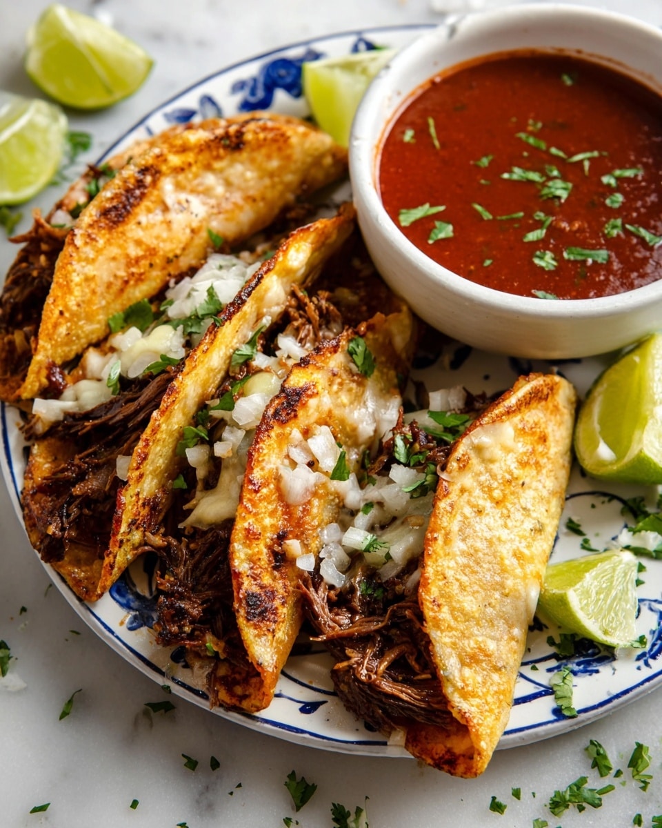 Three tacos sit on a white plate with blue patterns, each with two golden brown tortillas folded over a filling of dark brown shredded meat and melted white cheese, topped with small white onion pieces and green cilantro leaves. The tacos show slight char marks on the tortillas. To the left of the plate is a small white bowl filled with reddish-brown sauce garnished with a few cilantro leaves. Around the plate are slices of green lime. The background has a white marbled texture. Photo taken with an iphone --ar 4:5 --v 7