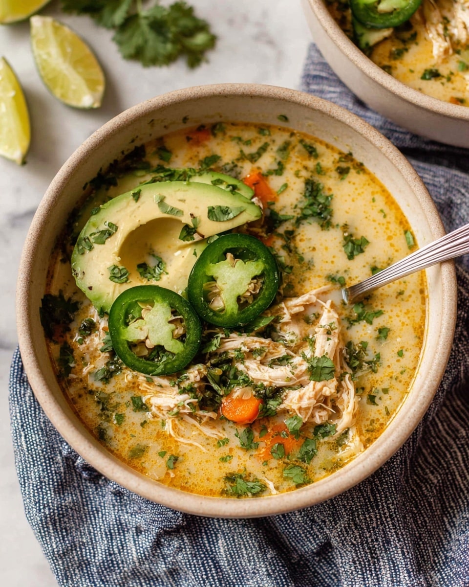 A bowl of creamy soup filled with shredded white chicken and small orange carrot pieces in a light yellow broth with green herbs finely chopped throughout. On top, there are three bright green jalapeño slices arranged on one side, and a few thick slices of pale green avocado fanned out beside them, all sprinkled with chopped cilantro. The soup is in a round, light beige bowl with a silver spoon resting inside. Around the bowl, a striped blue and white cloth is partially visible, with some lime halves placed nearby on a white marbled surface. Photo taken with an iphone --ar 4:5 --v 7