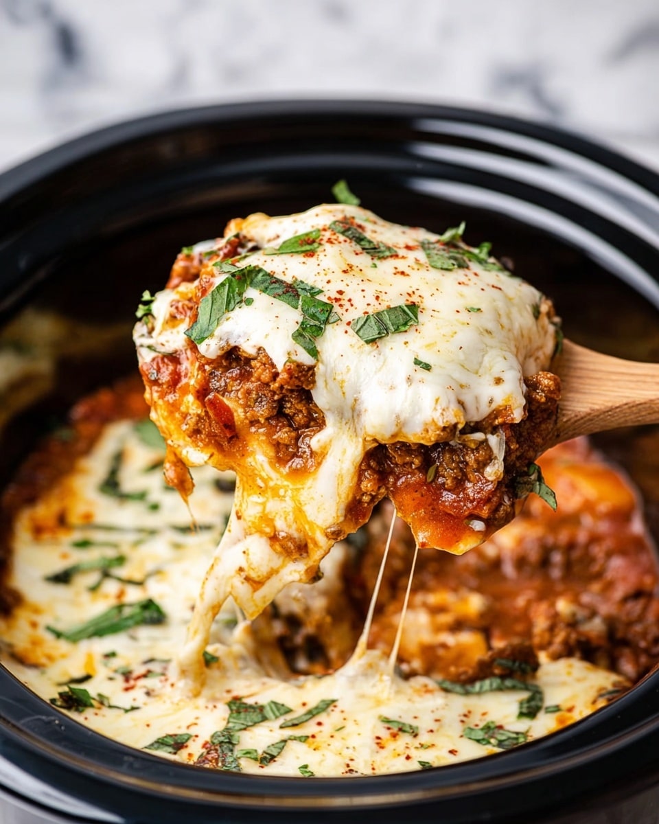A close-up of a black slow cooker filled with a layered cheesy dish. The bottom layer has a rich, reddish-brown sauce with chunks of ground meat and bits of vegetables. Above that is a thick layer of melted white cheese with some golden spots, sprinkled with small green basil leaves and a few red pepper flakes. A wooden spoon lifts a portion from the cooker, showing the same layers with cheese stretching in thin strings. The background is a white marbled surface. Photo taken with an iphone --ar 4:5 --v 7