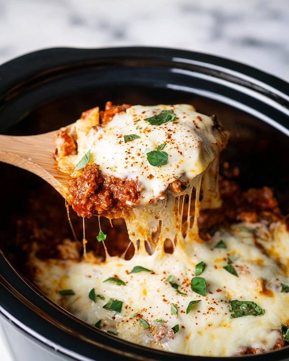 The image shows a close-up of a black slow cooker filled with a cheesy baked dish. The dish has several layers starting with a hearty tomato-based sauce mixed with ground meat at the bottom, followed by an evenly melted layer of white cheese with a smooth and slightly bubbly texture on top. The cheese has small green herb leaves scattered around and a light sprinkling of red and black spices. A wooden spoon lifts a portion of the dish, pulling some melted cheese strands, and the cheesy layer on top of the spoon looks creamy with light browning. The background has a white marbled texture. photo taken with an iphone --ar 4:5 --v 7