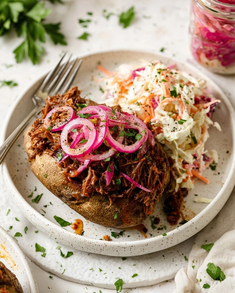 A white plate holds a large baked potato with a brown, textured skin, split open to reveal a fluffy white inside. On top, there is a generous layer of dark brown shredded meat with a moist texture, followed by a colorful layer of creamy coleslaw made from white and purple cabbage with thin orange carrot strips, lightly sprinkled with black pepper. To the right of the plate is a silver fork, and the scene rests on a white marbled surface. In the blurred background, there is a glass jar with a red liquid. Photo taken with an iphone --ar 4:5 --v 7