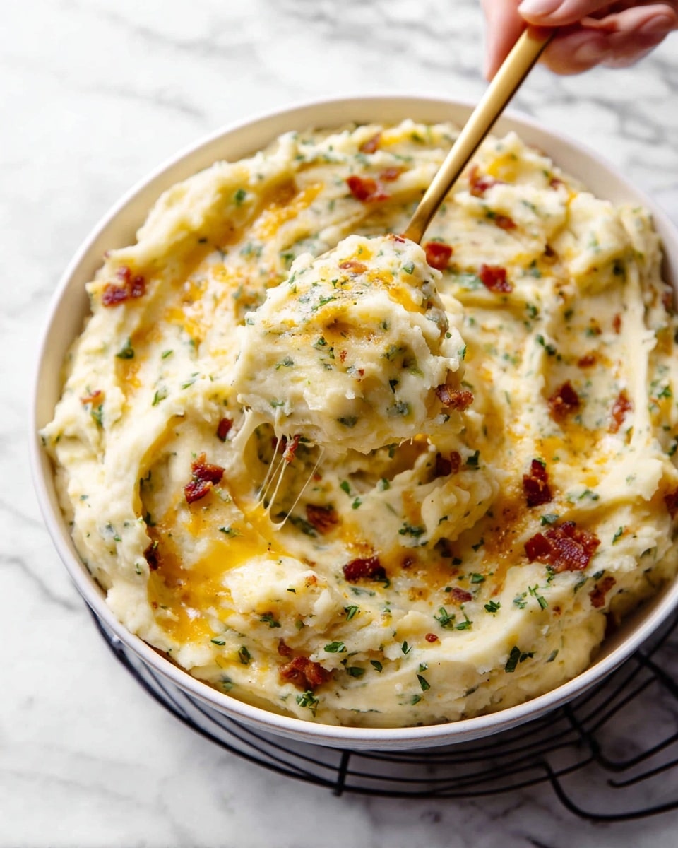 A white bowl full of creamy mashed potatoes with melted orange cheddar cheese swirled on top, mixed with green herbs and small bits of crispy bacon scattered through the layers; a woman's hand holds a gold spoon lifting a thick scoop showing the smooth, soft texture mixed with cheese and herbs, all set on a black wire rack over a white marbled surface. photo taken with an iphone --ar 4:5 --v 7