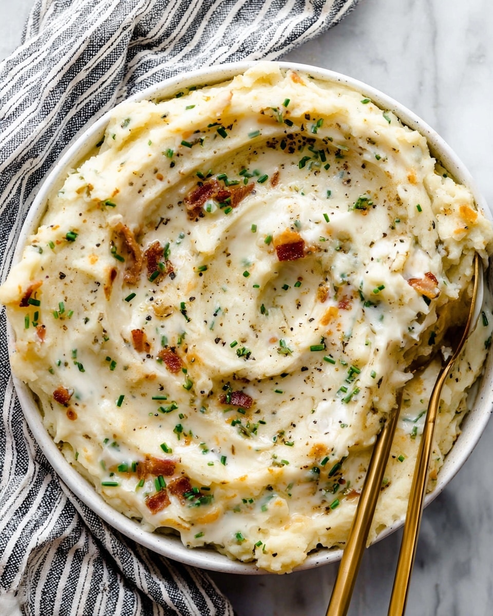 A round white bowl is filled with creamy mashed potatoes mixed with bits of orange cheese and small green herb pieces. The top layer shows a sauce with a light cream color, speckled with green herbs. The mashed potatoes have a soft, lumpy texture with swirls and dips where some of the sauce pools. Two long golden spoons rest inside the bowl on the right side. The bowl is placed on a black metal rack over a white marbled surface, next to a black and white striped cloth. photo taken with an iphone --ar 4:5 --v 7