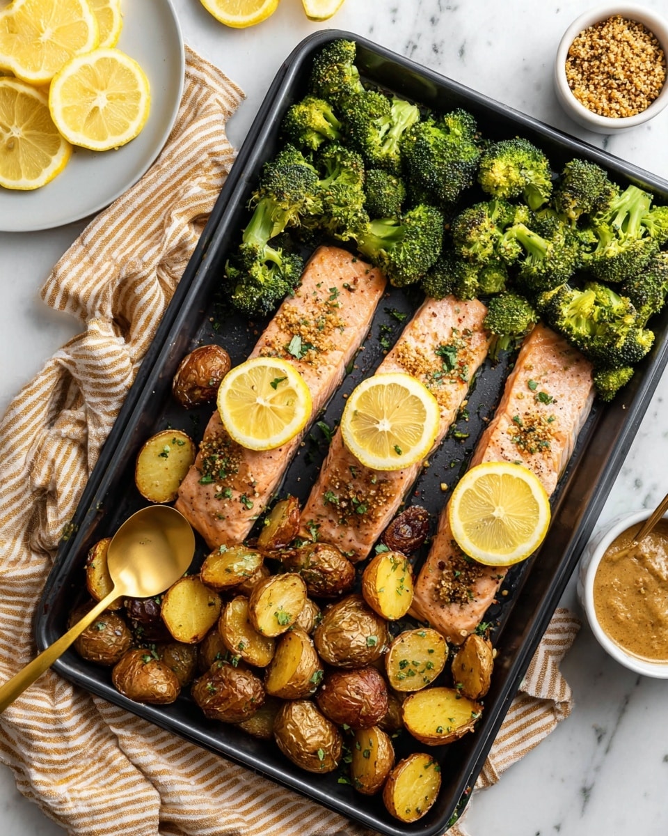 The dish is a black baking tray filled with four pieces of light orange salmon fillets, each topped with grainy mustard seeds and a slice of yellow lemon, placed in the middle of the tray. On the top section, there are many bright green broccoli florets arranged evenly. The bottom section is covered with small, golden-brown roasted potatoes, some cut in half showing soft yellow inside. On the top left, there is a small plate with light yellow lemon wedges, and on the top right, a white bowl with grainy mustard and a gold spoon inside, all set on a white marbled surface with a beige and white striped cloth underneath. Photo taken with an iphone --ar 4:5 --v 7
