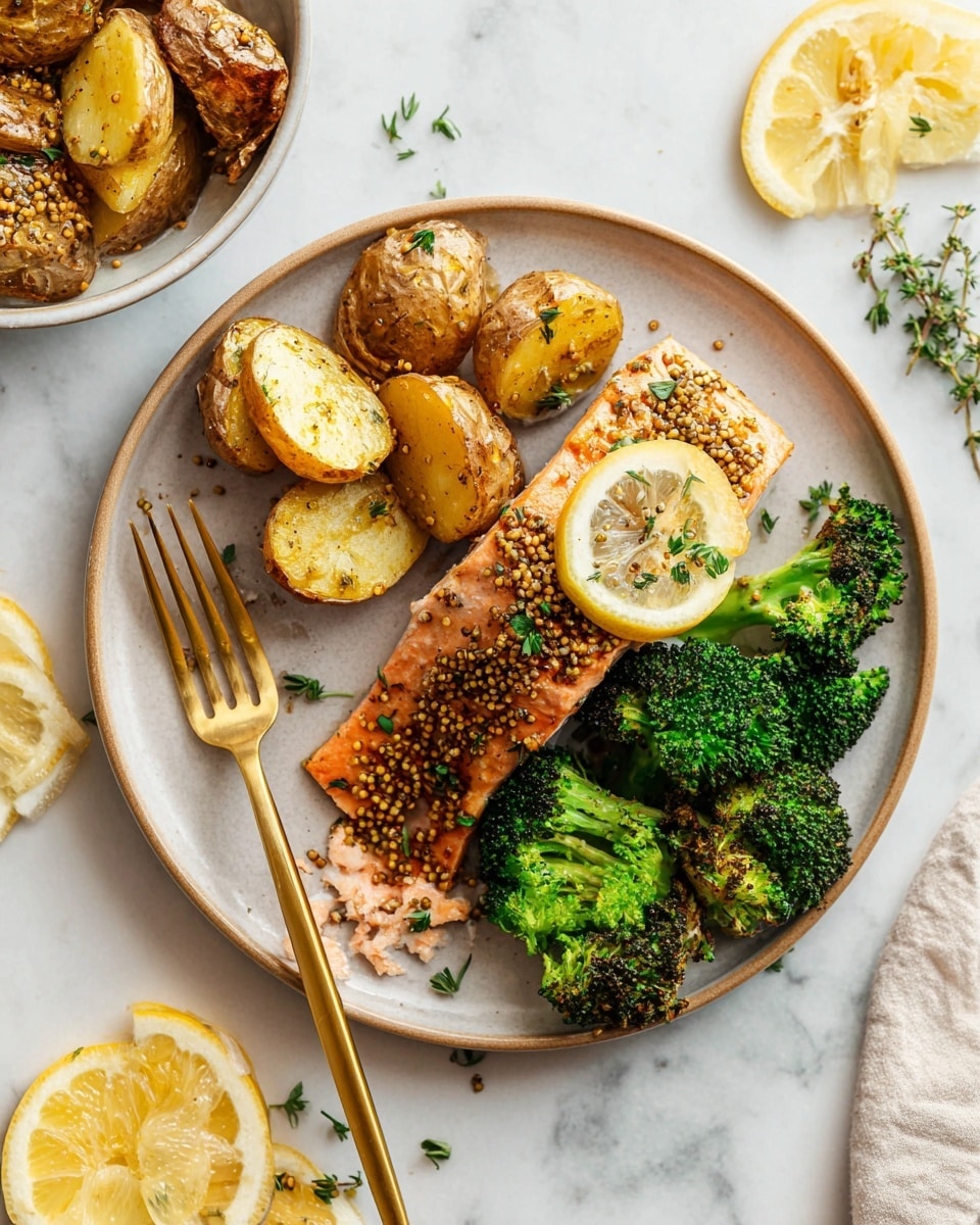 A white plate sits on a white marbled surface, holding a meal with three main parts. The first layer is a piece of cooked salmon, pink with a slightly rough texture, topped with mustard seeds and small green herb leaves, garnished with a thin lemon slice on top. Next to it is a pile of bright green broccoli florets, looking fresh and soft. The third part is a mix of small roasted potatoes with golden-brown skins, some halved to show a light yellow inside, sprinkled with herbs. A golden fork is lifting a piece of the salmon in the lower left corner, showing the flaky fish texture. Photo taken with an iphone --ar 4:5 --v 7