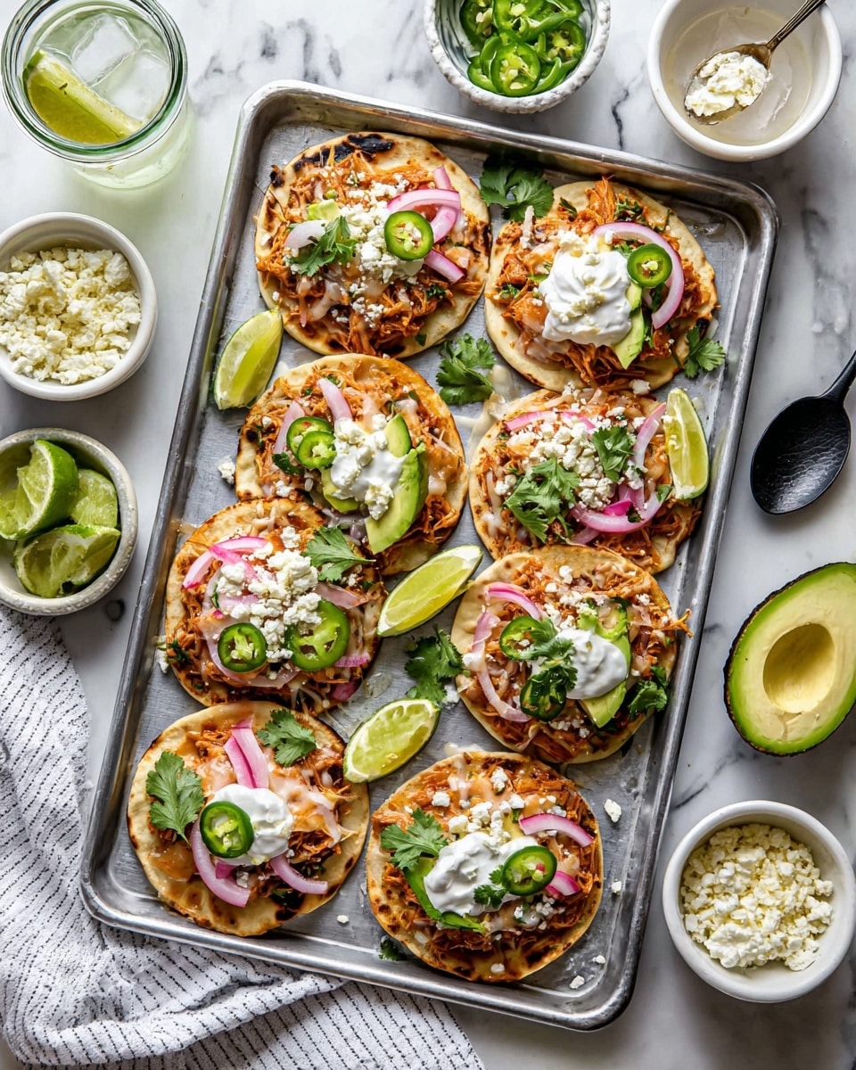 The image shows eight small tostadas on a metal tray, each with three main layers: a base of crunchy tortilla, a thick layer of shredded chicken mixed with beans, and melted cheese on top. On this, each tostada is decorated differently with slices of green avocado, pickled pink onions, dollops of white sour cream, fresh cilantro leaves, and thin green jalapeño slices. The tray is placed on a white marbled surface, surrounded by small white bowls filled with sliced jalapeños, lime wedges, and white crumbly cheese. There are also lime wedges scattered on the tray and surface, half an avocado near the bottom right, and a glass of water with lime next to the top left corner. The scene is bright with natural light, showing the fresh colors vividly. Photo taken with an iphone --ar 4:5 --v 7