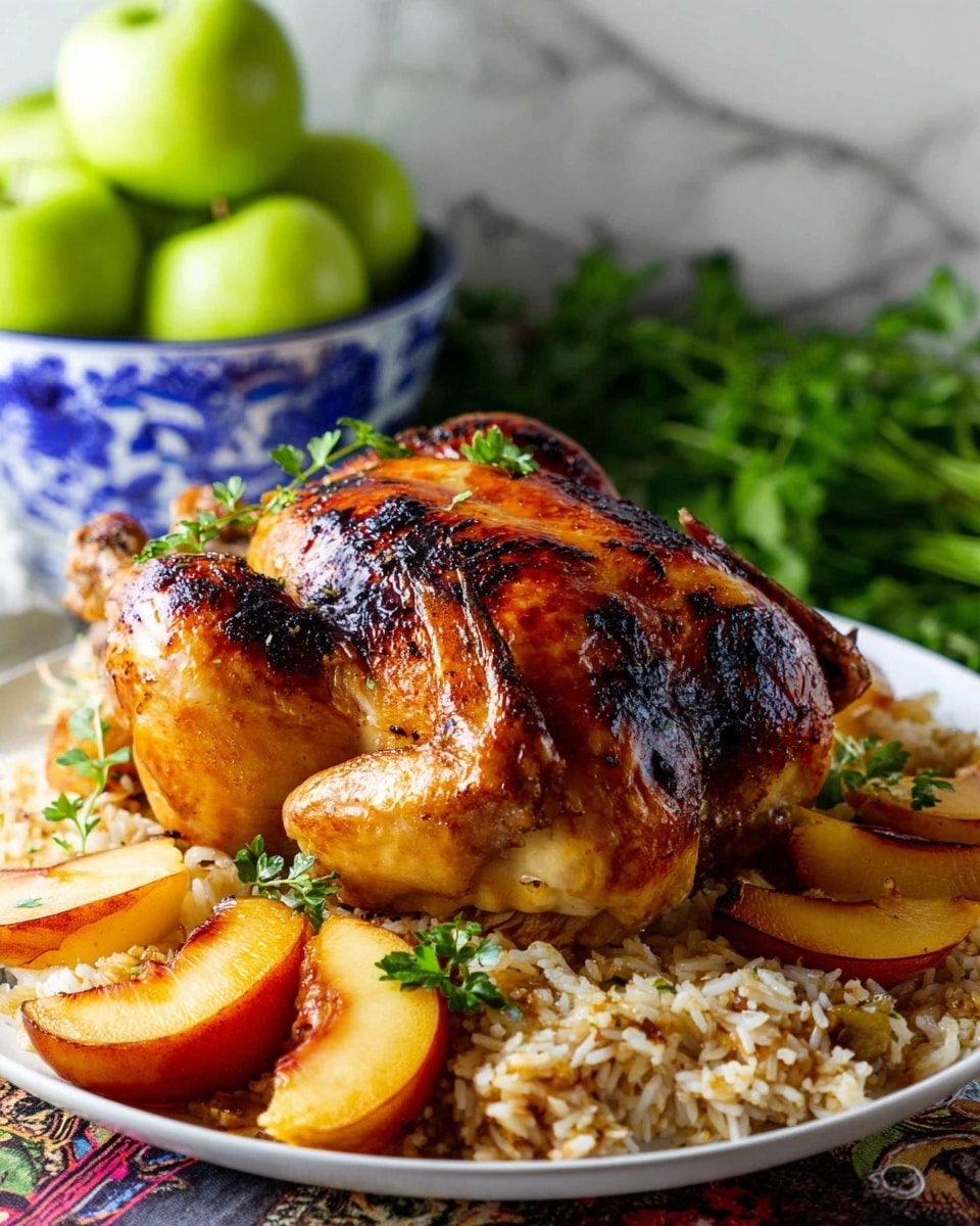 A roasted chicken with a golden brown, slightly charred shiny skin sits in the center of the image, topped with small green herb leaves. The chicken is placed on a bed of cooked rice mixed with small green herb pieces and is surrounded by sliced peaches with reddish-orange skin and orange-yellow flesh. Inside the chicken cavity, there is a garlic bulb and a sprig of thyme with small leaves. The whole scene is set on a white marbled surface. photo taken with an iphone --ar 4:5 --v 7