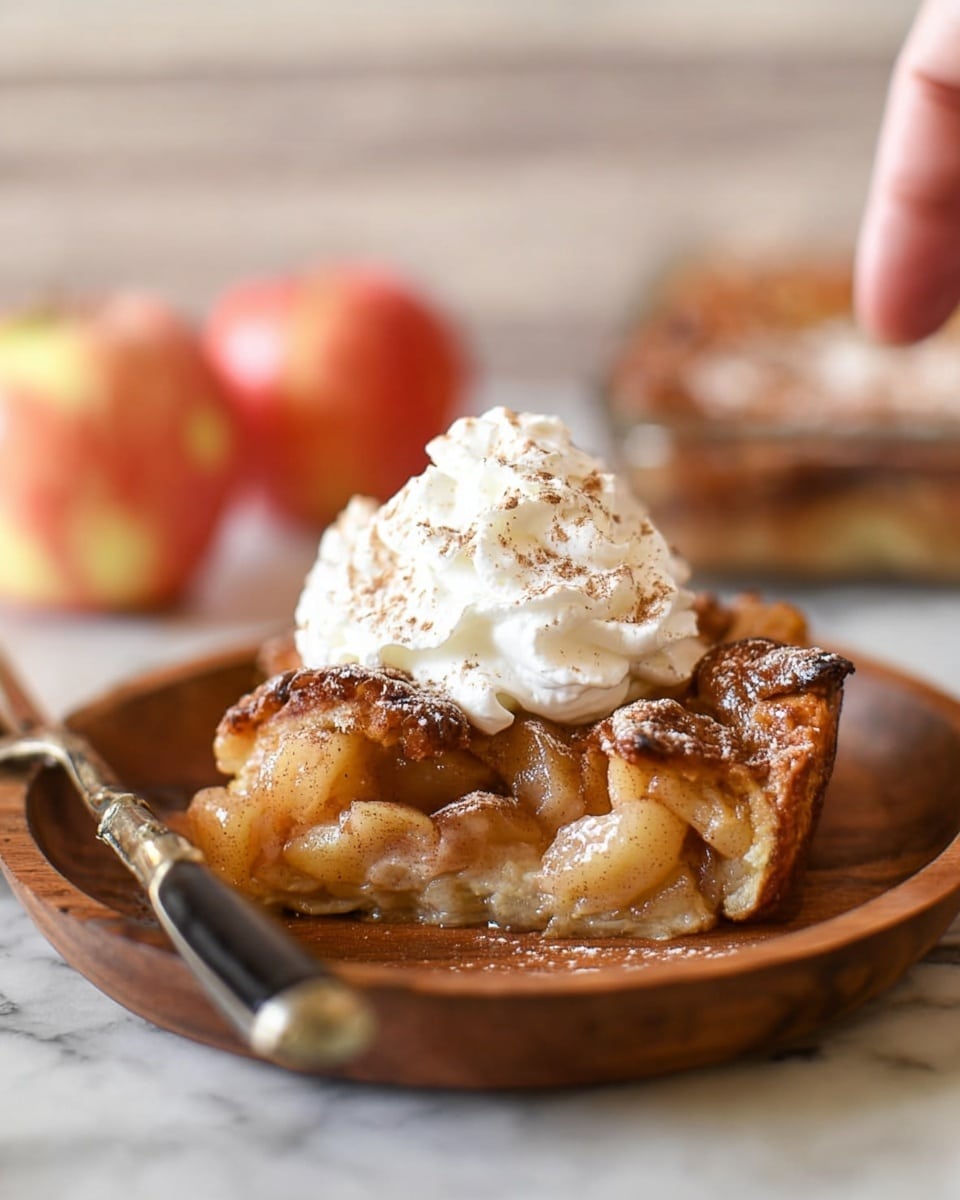 A piece of golden brown bread pudding sits on a round wooden plate, showing a soft and moist texture with slightly crispy edges. On top, there is a thick swirl of white whipped cream sprinkled lightly with cinnamon. The dessert looks warm and inviting, with some powdered sugar dusted over the bread knife sections. The plate is placed on a white marbled surface, and there's a blurred background with sliced apples and a cloth napkin nearby. A silver fork lies in front of the plate. photo taken with an iphone --ar 4:5 --v 7