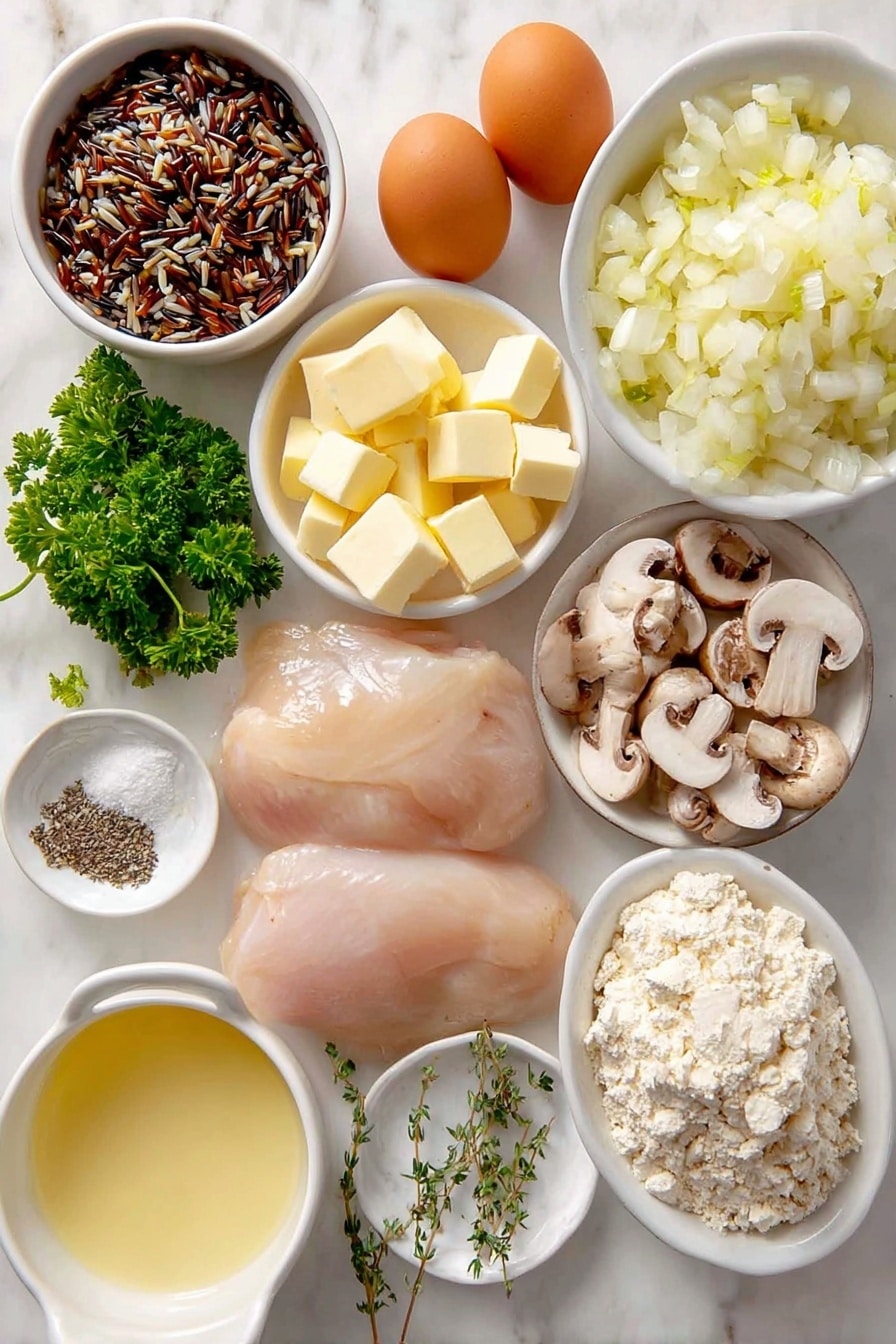Flat lay of boneless skinless chicken breasts, a small mound of wild rice blend with visible grains, diced onion, diced celery stalks, whole uncracked brown eggs, small white ceramic bowls each holding unsalted butter cubes, minced garlic cloves, sliced fresh mushrooms, low-sodium chicken broth, dry white wine, all-purpose flour, whole milk, small white bowl with dried thyme leaves, small white bowl with onion powder, sprigs of fresh parsley, salt and pepper in tiny white bowls placed symmetrically around the ingredients, placed on a clean white marble surface, soft natural light, photo taken with an iPhone, professional food photography style, fresh ingredients, white ceramic bowls, no bottles, no duplicates, no utensils, no packaging --ar 2:3 --v 7 --p awthu7i m7354615311229779997 - Chicken Wild Rice Casserole, hearty chicken rice casserole, comforting wild rice dish, creamy chicken and rice bake, savory mushroom chicken casserole