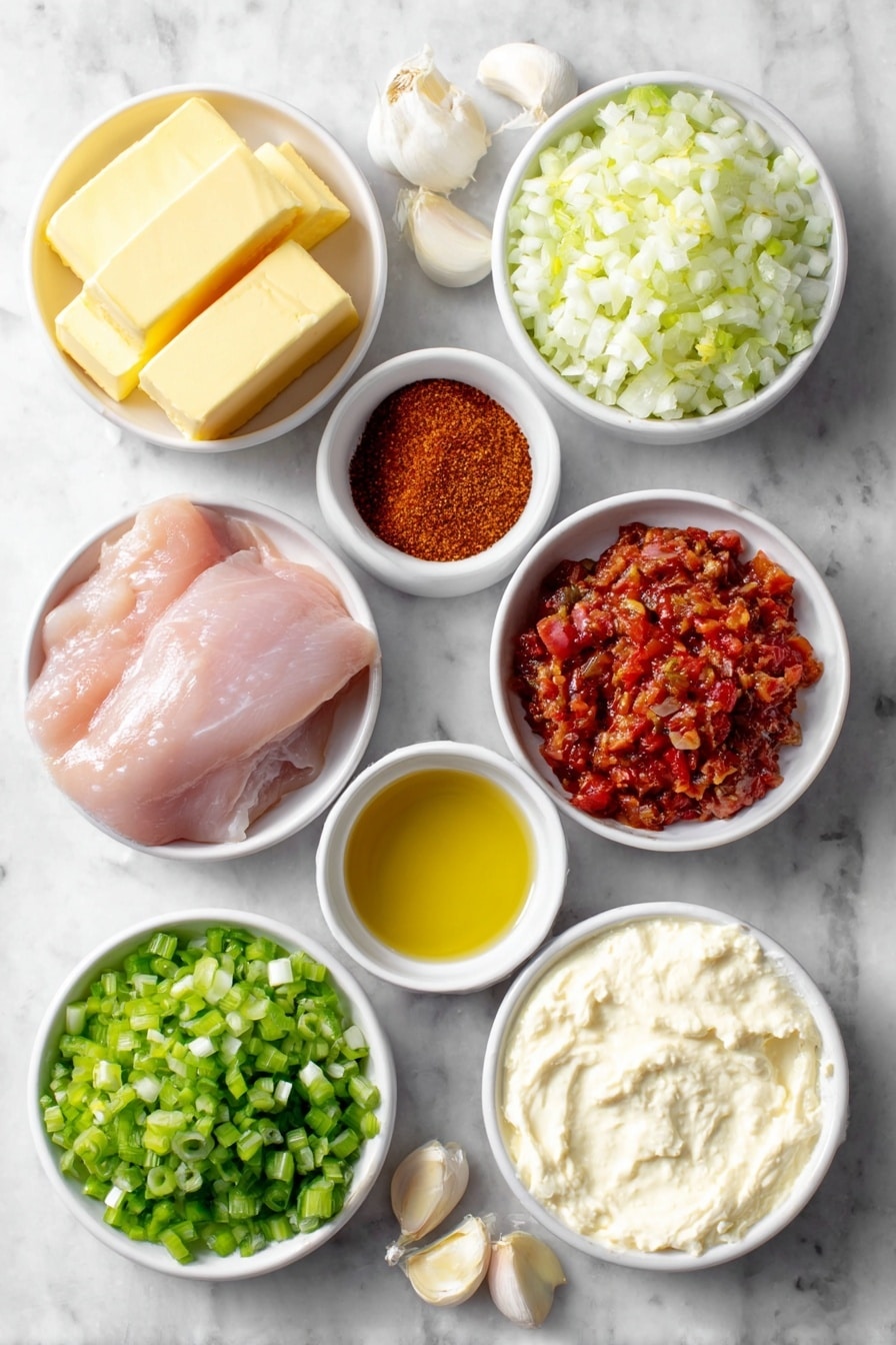 Flat lay of a small pile of yellow butter sticks, a white ceramic bowl with chopped white onions, a white ceramic bowl with chopped green celery, a white ceramic bowl with chopped red bell peppers, four peeled garlic cloves, a small white ceramic bowl filled with reddish Cajun seasoning powder, a white ceramic bowl holding clear golden neutral oil, a white ceramic bowl with thick creamy heavy cream, one raw boneless, skinless chicken breast sliced thinly, a small white ceramic bowl with bright diced red tomatoes and juice, a small white ceramic bowl with rich golden chicken stock, and a scattering of fresh chopped green onions, all arranged in perfect symmetry on a clean white marble surface, soft natural light, photo taken with an iPhone, professional food photography style, fresh ingredients, white ceramic bowls, no bottles, no duplicates, no utensils, no packaging --ar 2:3 --v 7 --p awthu7i m7354615311229779997 - Creamy Cajun Chicken Soup, Cajun Chicken Soup, Creamy Soup Recipes, Easy Cajun Soup, Comforting Chicken Soup
