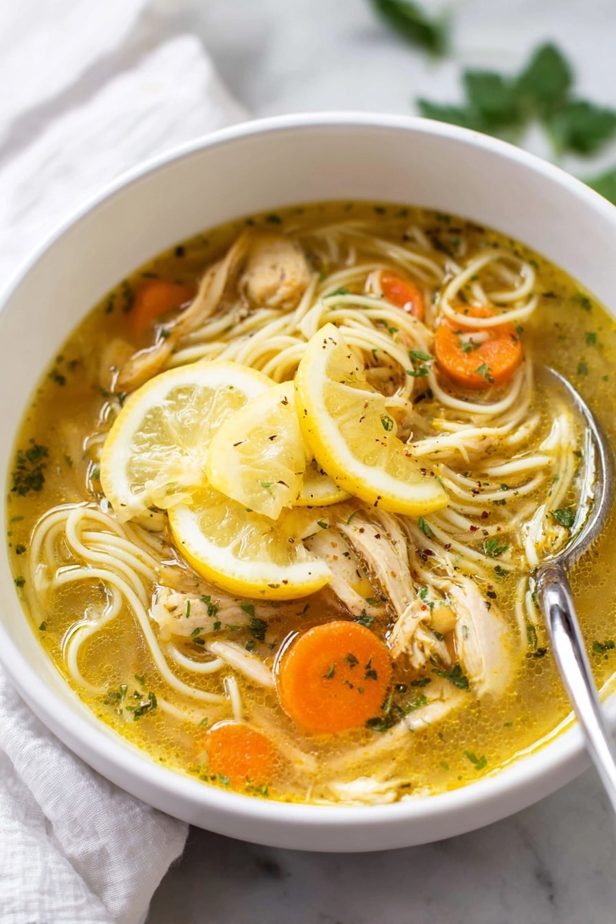 A white bowl filled with clear yellow broth soup containing three main layers: the base layer is thin white noodles forming loose spirals; the middle layer has orange carrot slices and shredded light brown cooked chicken mixed throughout; the top layer shows yellow lemon slices resting on the soup surface, with green herb specks scattered across. The edges of the soup glisten with a light oily shine. A silver spoon is partially dipped into the soup on the right side of the bowl. The bowl sits on a white marbled surface with blurred green leaves in the background, and a white cloth is placed nearby. Photo taken with an iphone --ar 2:3 --v 7 - Lemon Chicken Soup with Pasta, lemon chicken soup, creamy lemon chicken noodle soup, easy chicken soup with lemon, comforting lemon chicken broth