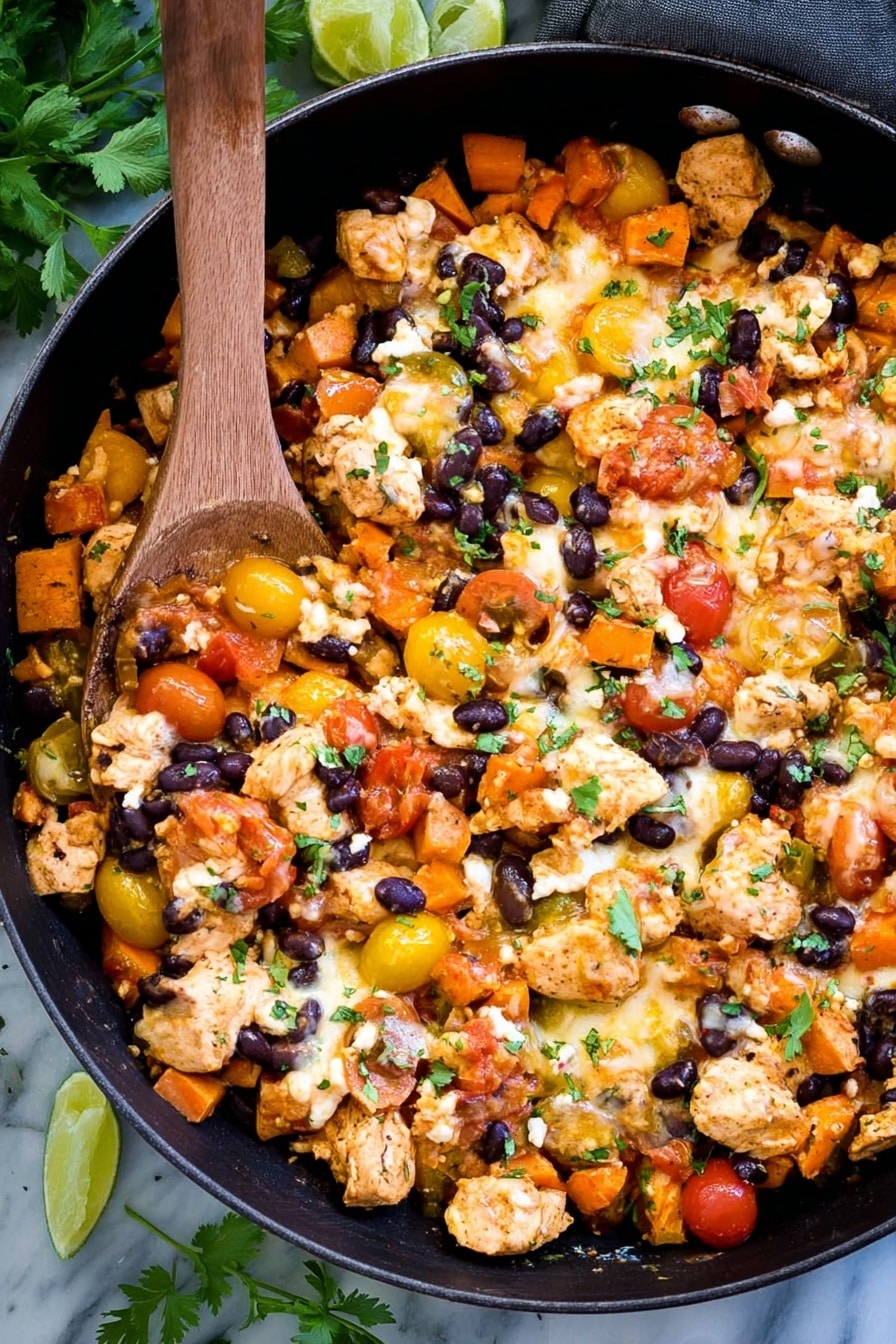 A black skillet filled with a colorful mix of cooked vegetables and nuts. There are bright green Brussels sprouts, orange sweet potato cubes, pale yellow chunks of apple, small pieces of brown seasoned meat, red dried cranberries, and whole pecans scattered evenly across the pan. A wooden spoon is stirring the mix from the right side, held by a woman's hand. The skillet sits on a wooden surface with some autumn leaves around it, but the background is changed to a white marbled texture. photo taken with an iphone --ar 2:3 --v 7 - Harvest Chicken and Veggie Skillet, Chicken and Veggie Skillet, Fall Comfort Food Dinner, One-Pan Chicken and Veggie Meal, Easy Harvest Skillet Recipe