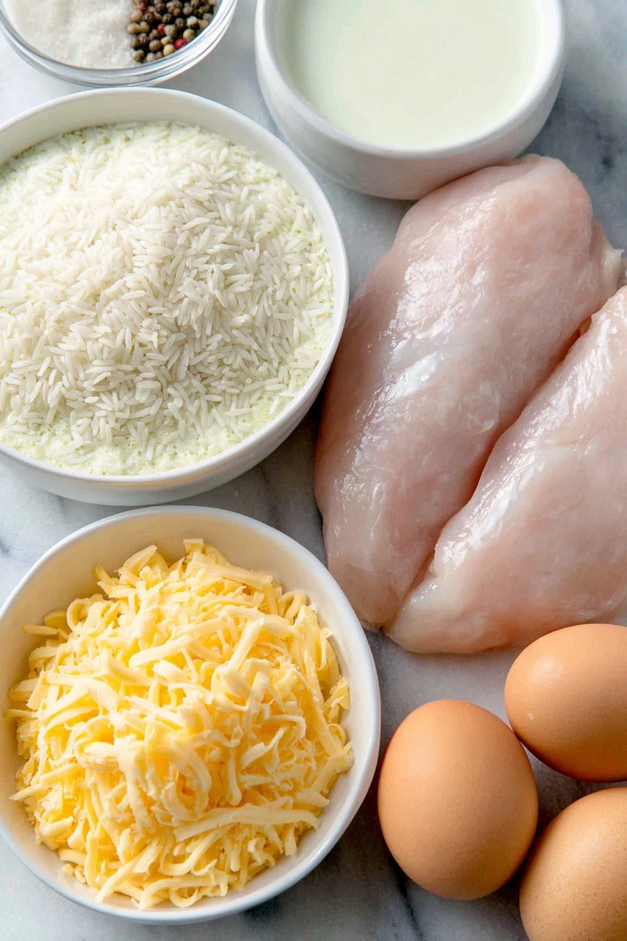 Flat lay of long grain white rice in a small heap, two thick boneless skinless chicken breasts with smooth pale skin, a small white bowl filled with creamy white soup (cream of chicken or mushroom), a small white bowl of fresh water, a small white bowl of whole milk, a small white bowl of finely ground homemade onion soup mix powder, a small white bowl piled with shredded bright orange cheddar cheese, two whole clean uncracked brown eggs, sprinkled sea salt crystals and whole black peppercorns scattered neatly around, all placed on a clean white marble surface, soft natural light, photo taken with an iPhone, professional food photography style, fresh ingredients, white ceramic bowls, no bottles, no duplicates, no utensils, no packaging --ar 2:3 --v 7 --p m7354615311229779997 - Creamy Chicken and Rice Casserole, easy chicken casserole, cheesy chicken dinner, comfort food casserole, one-pan chicken and rice