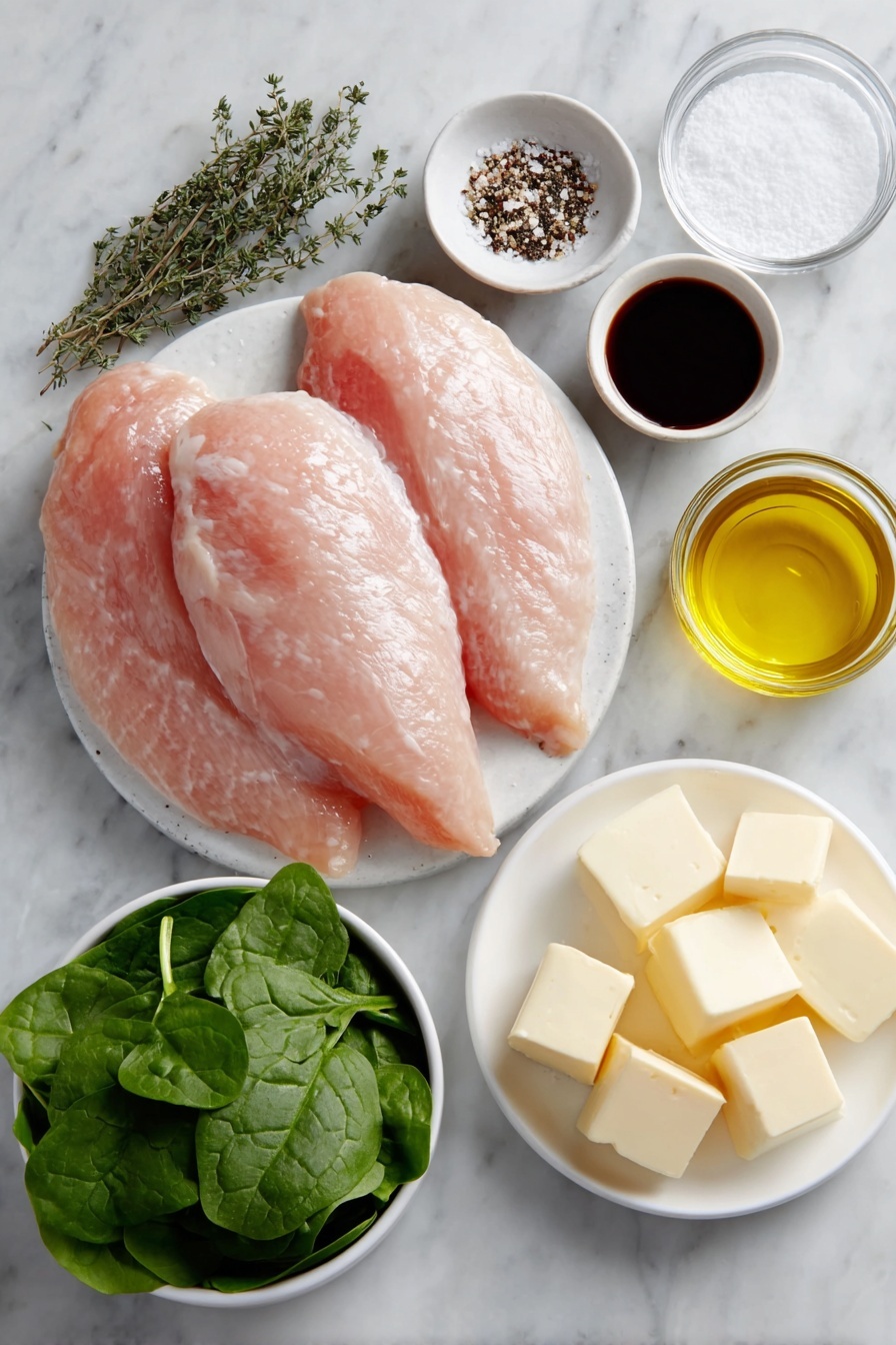 Flat lay of four raw boneless skinless chicken breasts arranged symmetrically, a small white bowl with dried thyme, another small white bowl with coarse salt, a third small white bowl with freshly ground black pepper, a small white bowl filled with extra virgin olive oil, a small white bowl containing clear water, a small white bowl with dark balsamic vinegar, a small white bowl holding golden honey, several small chunks of pale yellow butter neatly placed on the side, fresh green spinach leaves loosely gathered on a simple white ceramic plate, all ingredients fresh and natural, balanced layout, perfect symmetry placed on a clean white marble surface, soft natural light, photo taken with an iPhone, professional food photography style, fresh ingredients, white ceramic bowls, no bottles, no duplicates, no utensils, no packaging --ar 2:3 --v 7 --p m7354615311229779997 - Balsamic Glazed Chicken, balsamic glazed chicken dinner, easy balsamic chicken recipe, flavorful chicken with balsamic glaze, quick chicken recipes