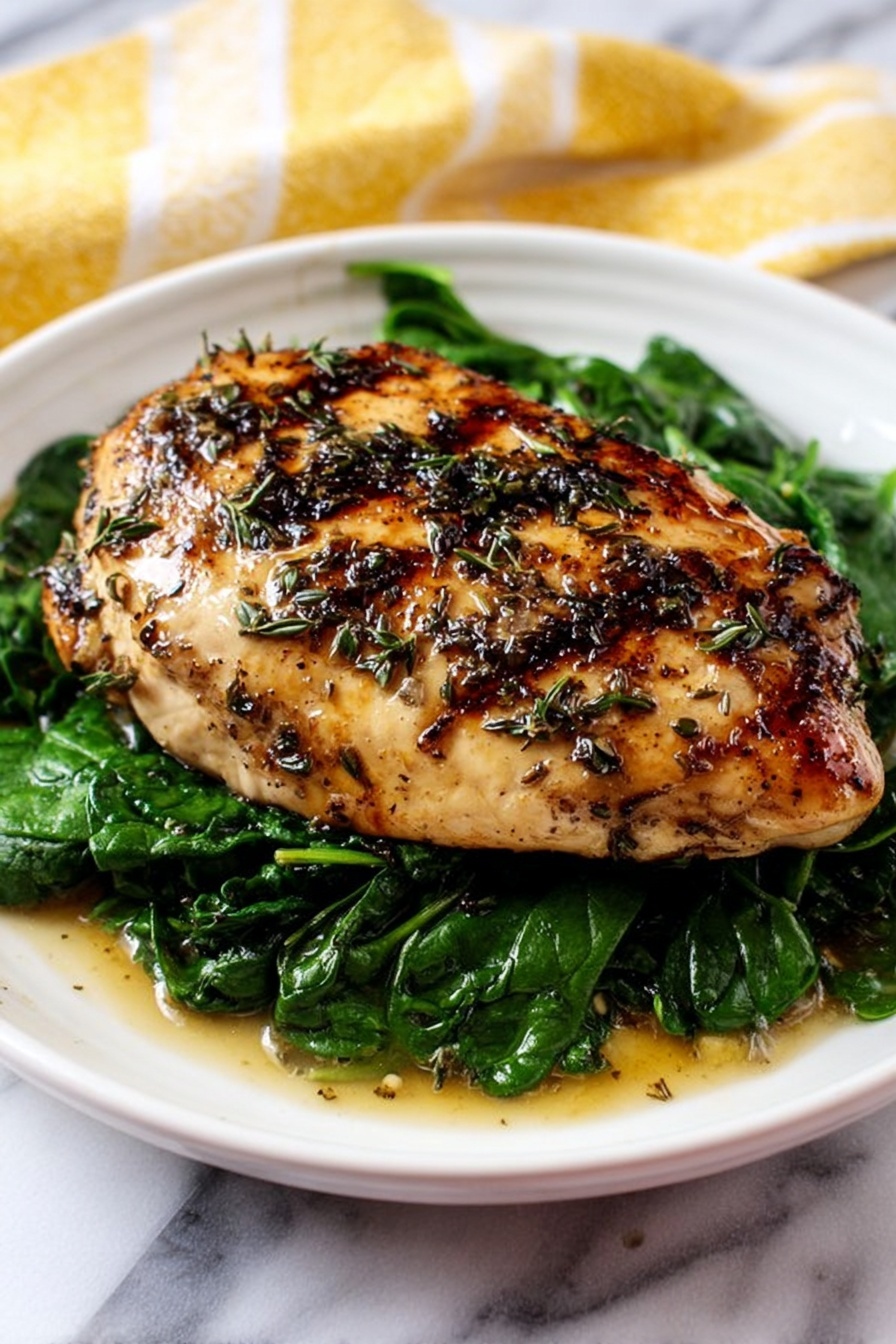 A grilled chicken piece with a golden-brown color and visible herbs on top sits in the center of a white plate. Underneath the chicken, there is a layer of bright green cooked spinach leaves spread evenly. The plate is placed on a white marbled surface with a partially visible yellow and white cloth nearby. The chicken looks juicy with a slight glaze from the herbs and sauce. photo taken with an iphone --ar 2:3 --v 7 - Balsamic Glazed Chicken, balsamic glazed chicken dinner, easy balsamic chicken recipe, flavorful chicken with balsamic glaze, quick chicken recipes