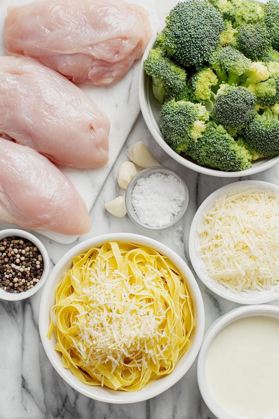 Flat lay of fresh uncooked fettuccine pasta nestled in a simple white ceramic bowl, two plump boneless skinless chicken breasts resting nearby, a small pile of coarse kosher salt crystals, freshly ground black peppercorns scattered lightly, two vibrant green broccoli crowns with some florets separated and finely chopped, a few cloves of peeled garlic finely chopped in a tiny white ceramic bowl, a small white ceramic bowl filled with creamy heavy cream, a neat mound of grated Parmesan cheese on a white ceramic plate, and a small white ceramic bowl holding a portion of unsalted butter, all arranged symmetrically with balanced spacing, placed on a clean white marble surface, soft natural light, photo taken with an iPhone, professional food photography style, fresh ingredients, white ceramic bowls, no bottles, no duplicates, no utensils, no packaging --ar 2:3 --v 7 --p m7354615311229779997 - Creamy Chicken Broccoli Alfredo, easy chicken and broccoli pasta, quick weeknight dinner, homemade Alfredo sauce, healthy creamy pasta
