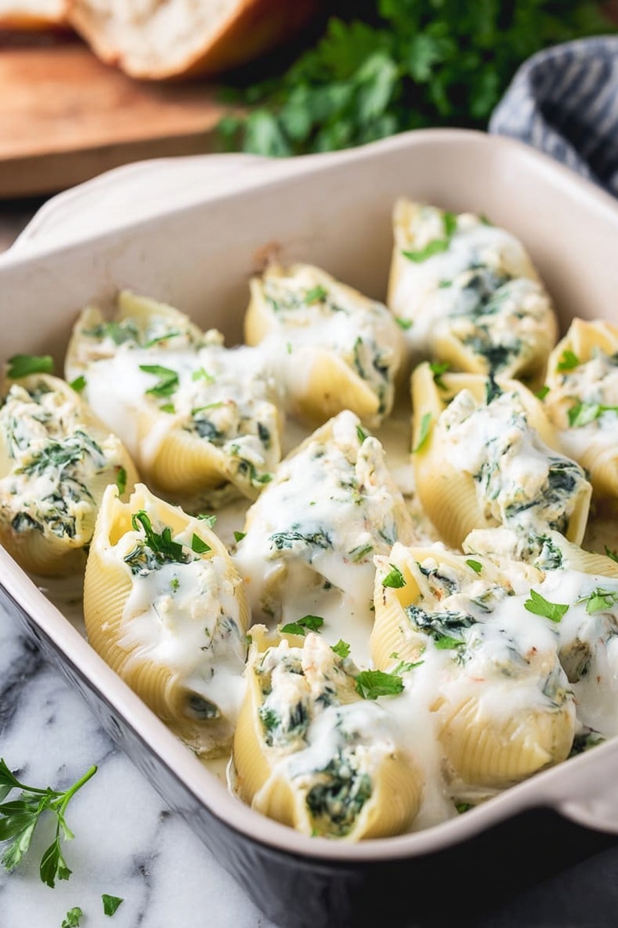 The image shows a baking dish filled with two layers of pasta shells. The bottom layer is hidden but supports a top layer of large, pale yellow pasta shells stuffed with green spinach and white cheese. Each shell is topped with a smooth layer of melted white cheese sauce, sprinkled with small pieces of fresh green parsley. The dish is placed on a white marbled surface with some green herbs and bread in the background. photo taken with an iphone --ar 2:3 --v 7 - Creamy Chicken Stuffed Shells with Spinach, stuffed pasta with chicken and spinach, cheesy stuffed shells recipe, easy chicken pasta bake, creamy spinach stuffed shells