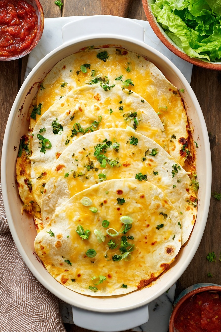 A white baking dish shows three layers of round tortillas stacked, each covered with melted yellow and white cheese that bubbles lightly around the edges. The top layer is sprinkled with chopped green herbs and small green onion pieces, adding spots of bright green on the golden cheese. The tortillas have a soft texture with some light brown toasted spots at the edges. Around the dish, a wooden surface with a white marbled texture is visible, along with a bowl of green lettuce on the upper right and a small bowl of red salsa near the top. photo taken with an iphone --ar 2:3 --v 7 - Easy Chicken Quesadilla Casserole, cheesy chicken casserole, quick dinner ideas, simple chicken casserole recipe, family-friendly casserole