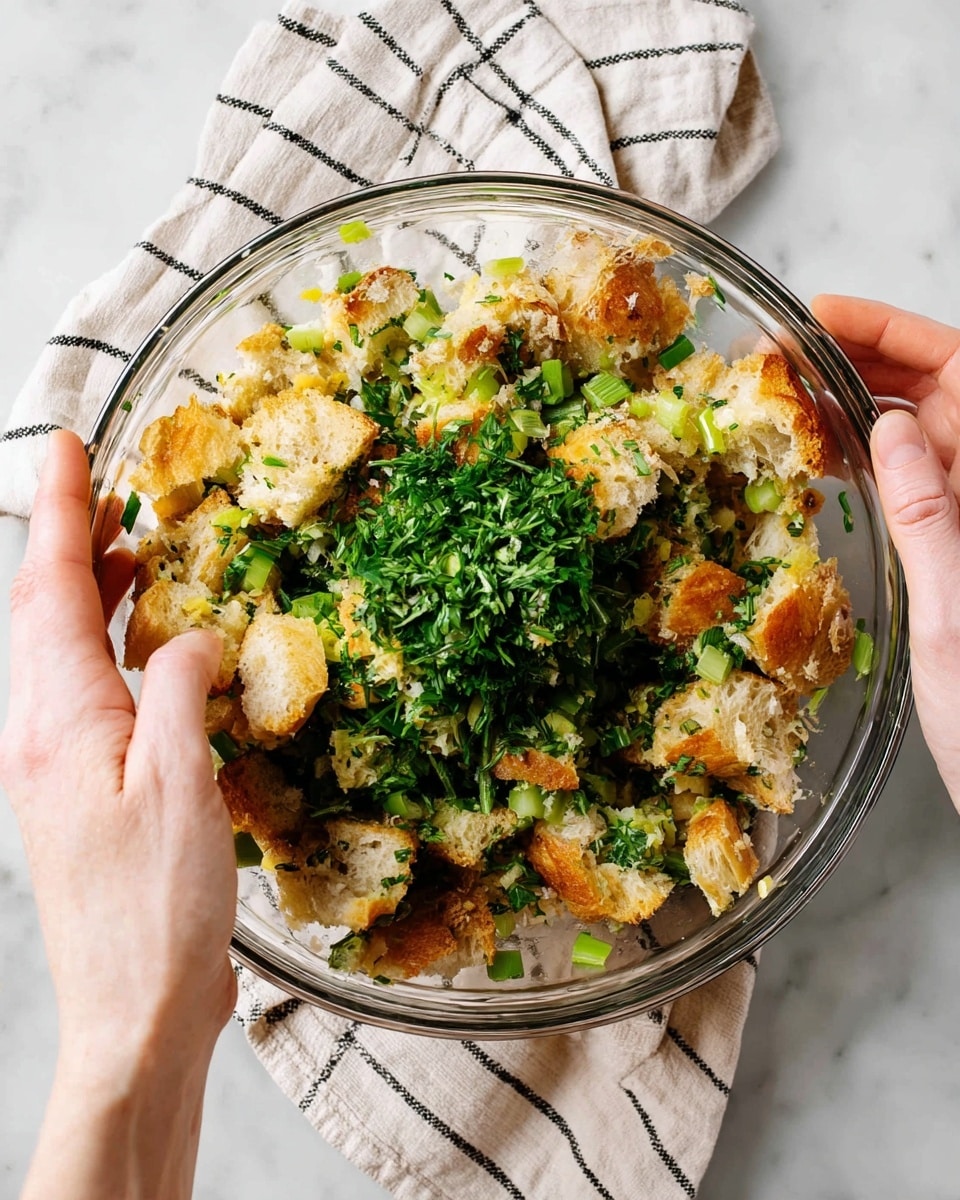 A clear glass bowl filled with torn pieces of golden-brown crusted white bread mixed with chopped green celery and finely chopped green herbs scattered evenly on top and throughout. A wooden spoon rests inside the bowl on the right side. The bowl sits on a white marbled surface with a beige cloth featuring black stripes underneath the bowl. photo taken with an iphone --ar 4:5 --v 7