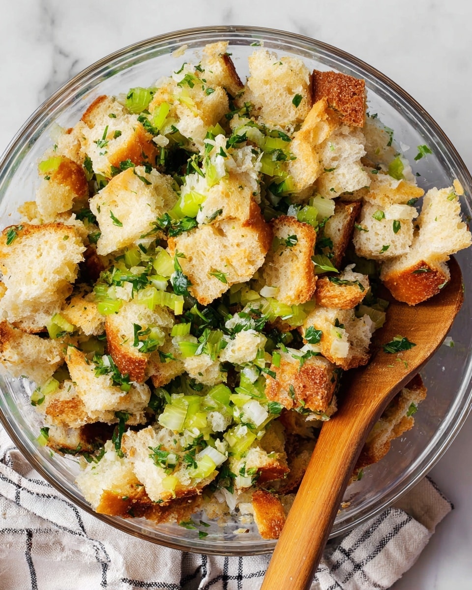 A clear glass bowl on a white marbled surface holds a mix of torn bread pieces, light beige with crunchy golden-brown edges, mixed with bright green chopped celery and fresh herbs. The top center layer is a pile of finely chopped dark green parsley, while other green herbs with larger leaves are scattered throughout. Two woman's hands are mixing the ingredients, one holding a larger bread piece and the other submerged below touching some ingredients. A white cloth with thin black stripes is partly visible under the bowl. photo taken with an iphone --ar 4:5 --v 7