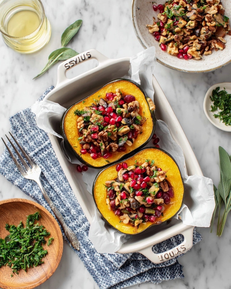 This image shows two halves of a roasted acorn squash placed in a white ceramic dish lined with white paper. Each squash half is filled with a mix of small chopped mushrooms, grains, dried cranberries, and herbs, topped with bright red pomegranate seeds and chopped green parsley. The acorn squash has a smooth, vibrant orange inside with a dark green outer skin. The dish rests on a white marbled surface with fresh sage leaves nearby. To the left is a white bowl filled with more of the stuffing mix, and there are small wooden and glass bowls with herbs and a clear liquid around. A blue and white checked cloth is also casually placed under the dish. Photo taken with an iphone --ar 4:5 --v 7