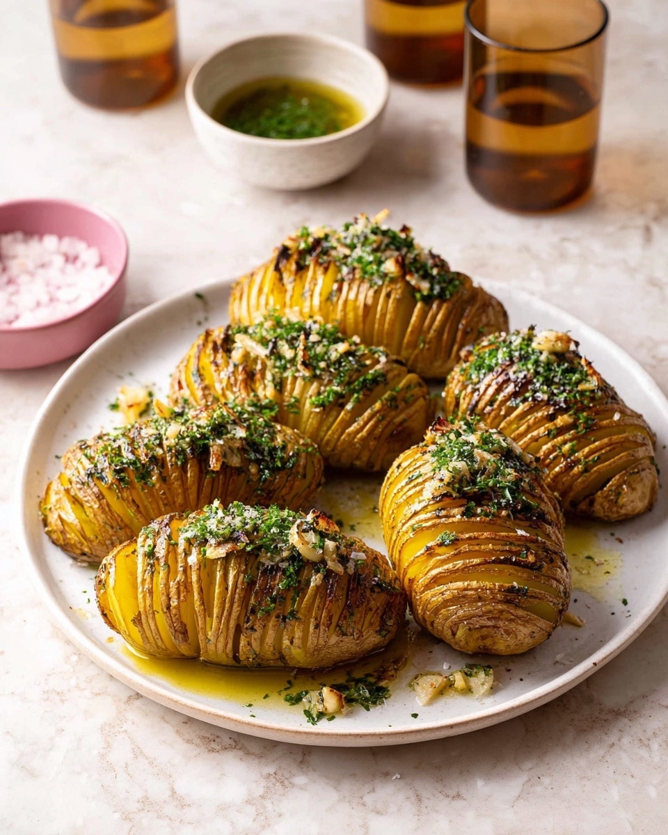 The dish shows six roasted potatoes sliced into many thin layers but held together at the bottom, giving a fan-like shape. The potato layers are golden brown with a crispy texture, and fresh green herbs like parsley are sprinkled on top, along with small white pieces that look like minced garlic. The potatoes sit on a large white plate with some oil glistening around them. In the background, there are two brown glasses, a small white bowl with green herb oil, and a small pink bowl with coarse salt, all placed on a white marbled surface. Photo taken with an iphone --ar 4:5 --v 7