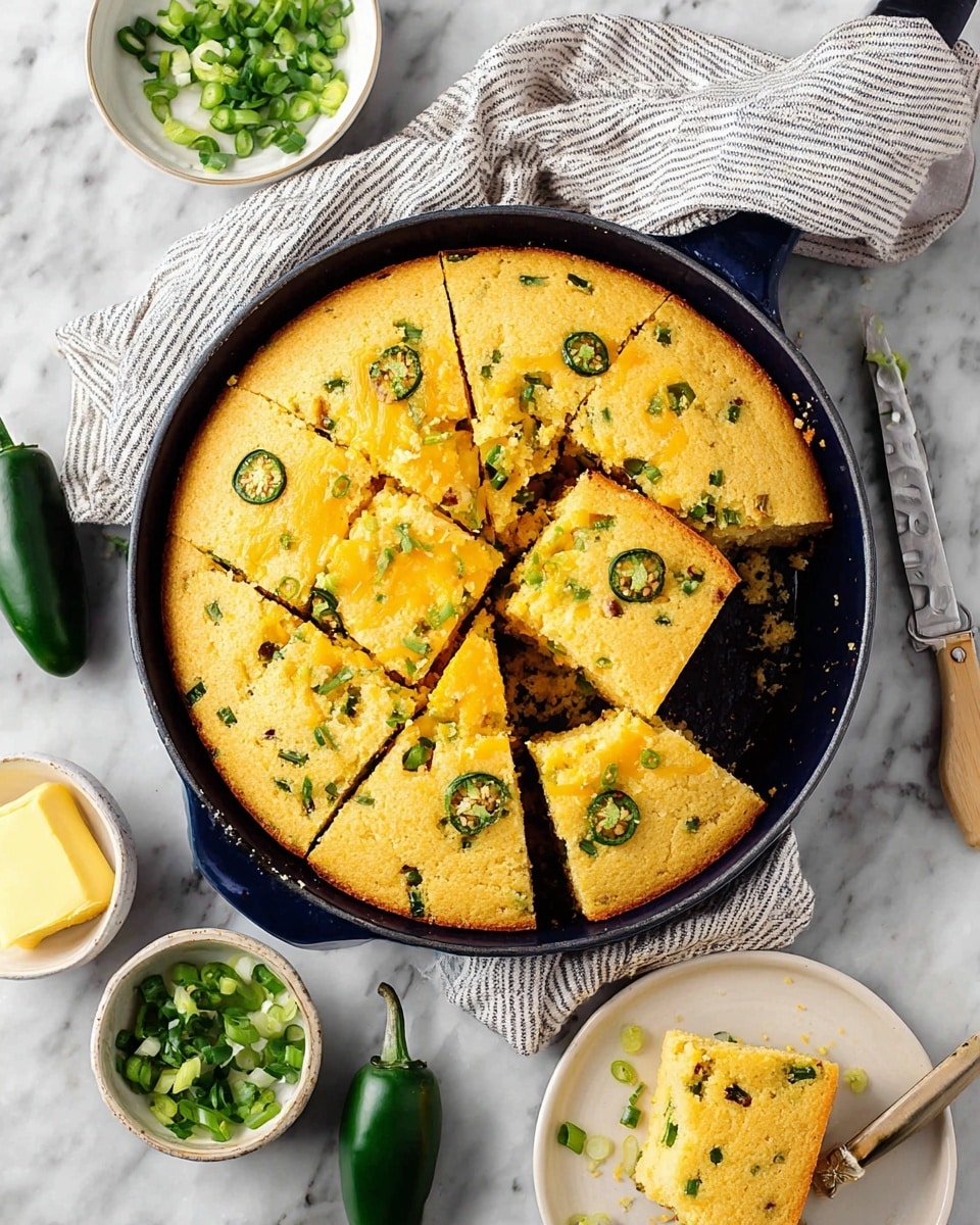 A round cornbread with a golden yellow color sits in a black cast iron skillet, cut into nine square pieces with one piece being lifted showing a light and soft texture inside with green jalapeno pieces scattered throughout the bread. The skillet rests on a white cloth with black stripes over a white marbled surface. Nearby, two whole green jalapenos, a white bowl with chopped green onions, and a small bowl of butter with a butter knife are visible. A white plate with a square piece of the cornbread is also partly visible at the bottom right. Photo taken with an iphone --ar 4:5 --v 7
