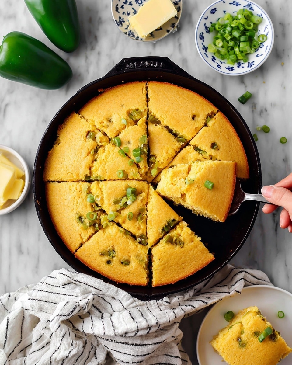 The image shows a round, thick cornbread baked in a black cast iron skillet with chopped green peppers and green onions mixed inside and scattered on top. The cornbread is cut into nine square pieces, with one piece lifted and held by a woman's hand, revealing the soft, crumbly yellow interior with bits of green. Around the skillet, there are two whole jalapeno peppers, a white plate with more chopped green onions, and a small bowl of yellow butter with a knife. A checkered cloth is partly under the skillet, all placed on a white marbled surface. Photo taken with an iphone --ar 4:5 --v 7