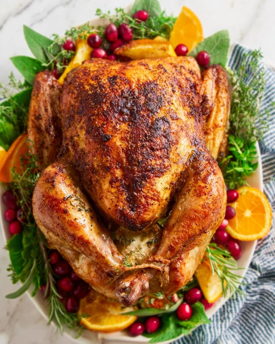 A whole golden-brown roasted chicken sits in the middle of a large white plate, stuffed inside with green rosemary sprigs, thyme, and shallots. Around the chicken, there are bright green grapes, small green apples, red cranberries, orange slices, and lemon wedges, all resting on green leaves. The chicken skin is crispy and textured with visible spices and herbs. The plate is placed on a white marbled surface. photo taken with an iphone --ar 4:5 --v 7