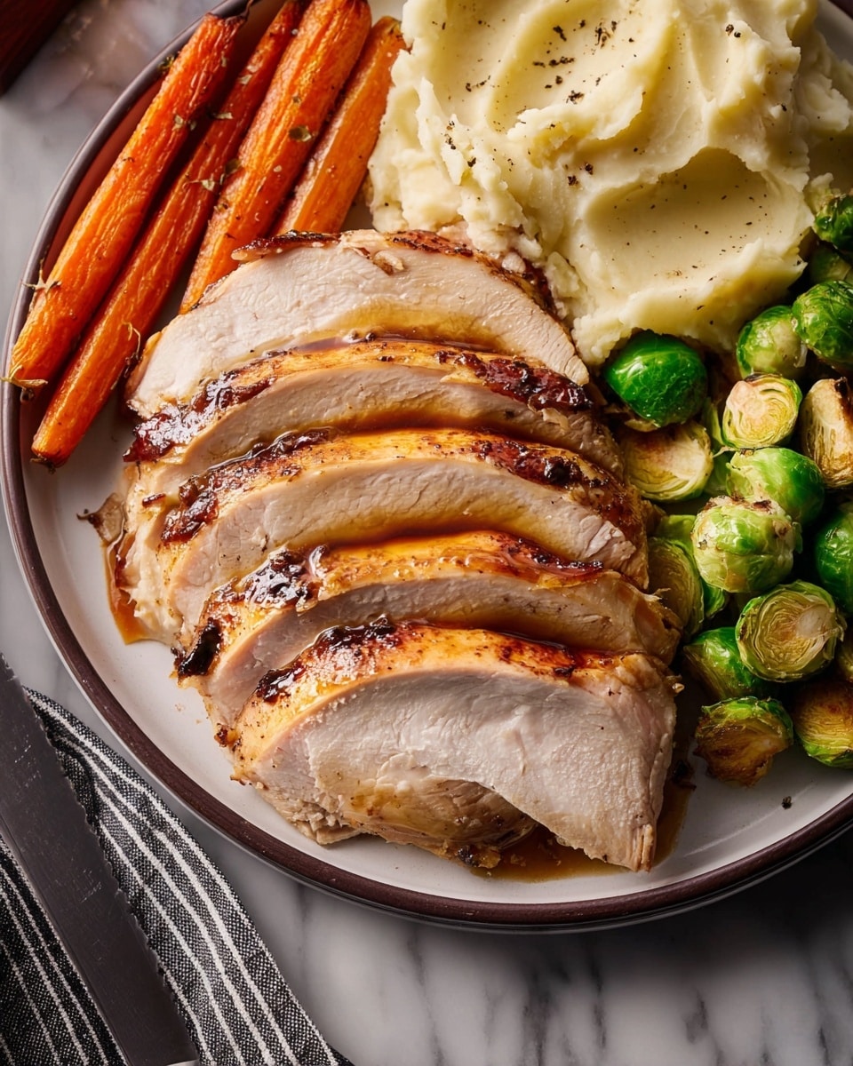 The image shows a plate with five slices of golden-brown roasted turkey arranged in a curved line across the center. On the left side, two whole cooked carrots with a bright orange color sit beside the turkey. Behind the turkey slices toward the top center, there is a dollop of creamy mashed potatoes with specks of black pepper. On the right side of the plate, a small pile of roasted bright green Brussels sprouts appears slightly browned in spots. The food is served on a white plate set on a white marbled surface. Photo taken with an iphone --ar 4:5 --v 7