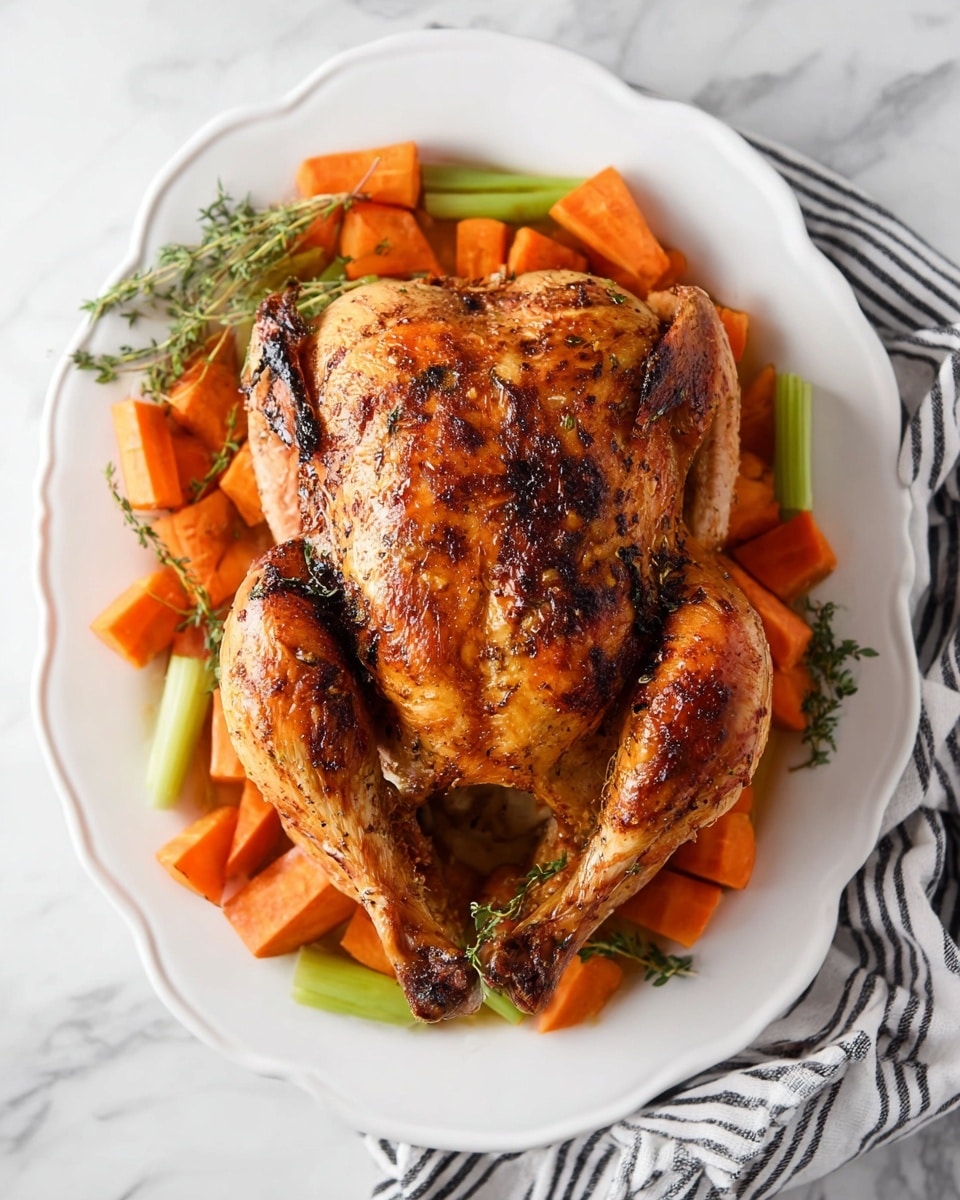 A whole roasted chicken with a golden brown, crispy skin showing darker charred spots sits centered on a white, scalloped-edge plate. The chicken is arranged with its wings tucked under and legs crossed at the front. Around the chicken, there are chunks of bright orange carrots and fresh green celery sticks, with sprigs of rosemary and thyme placed underneath and slightly beside the vegetables. The plate rests on a white marbled surface, with a black and white striped cloth partially visible on the side. photo taken with an iphone --ar 4:5 --v 7