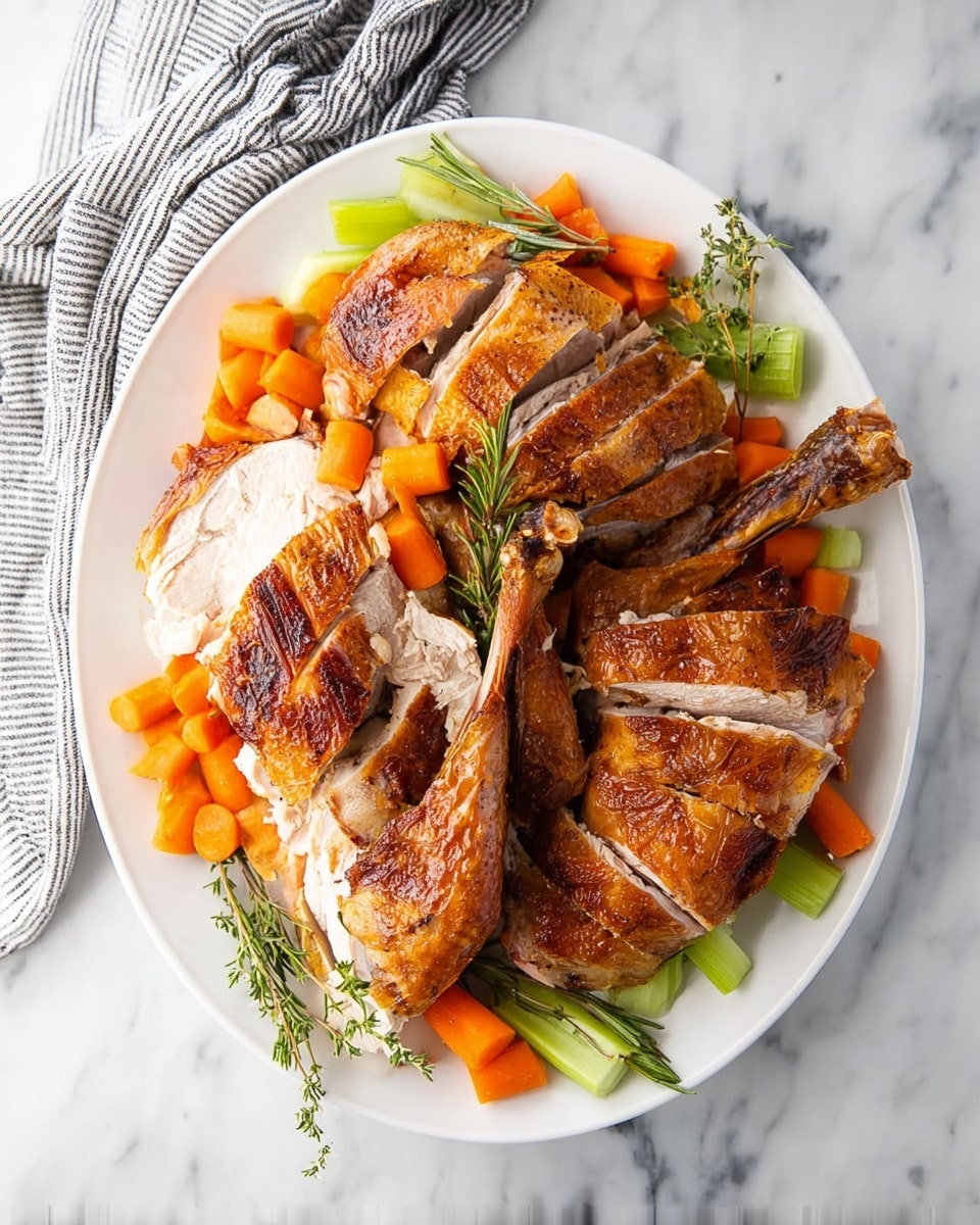 A white plate holds a roasted turkey cut into several parts: two browned drumsticks positioned diagonally, two golden-brown sliced thighs with crispy skin at the bottom, and chunks of white shredded turkey meat on the sides. Around the turkey parts, there are thick pieces of bright orange carrots and fresh green celery sticks scattered evenly. Sprigs of fresh green rosemary and thyme are placed as garnish throughout the plate. The plate sits on a white marbled surface with a black and white striped cloth partially visible in the top left corner. photo taken with an iphone --ar 4:5 --v 7