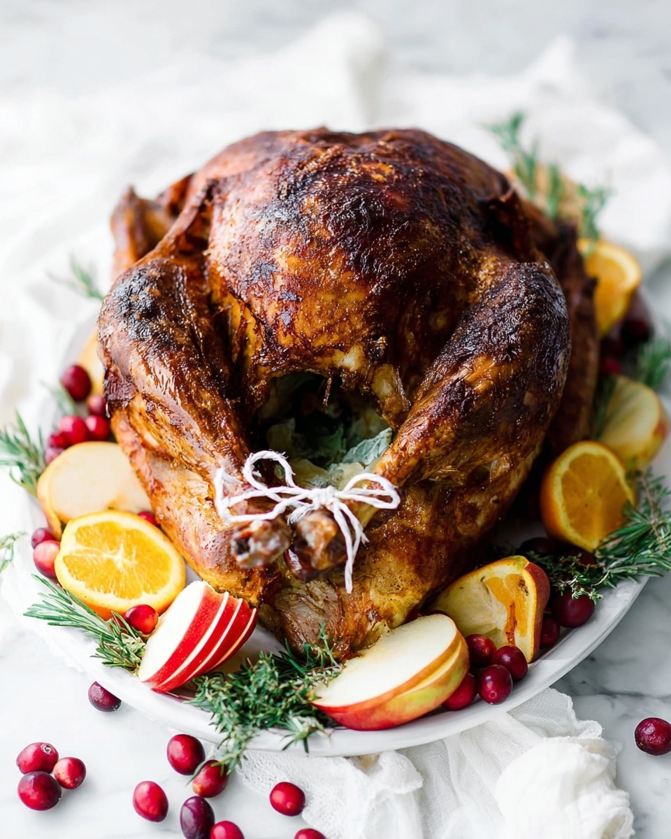 A whole roasted chicken with deep brown, crispy skin is placed in a white lacy-edged dish, lying on a white marbled surface. Around the chicken, there are slices of bright orange persimmons and pale apple halves, with sprigs of dark green rosemary scattered around for decoration. The chicken’s legs are tied with white string, and a few small red berries add extra color near the top and bottom edges of the dish. A woman's hand holding a small white swan-shaped item is slightly visible to the left. Photo taken with an iphone --ar 4:5 --v 7