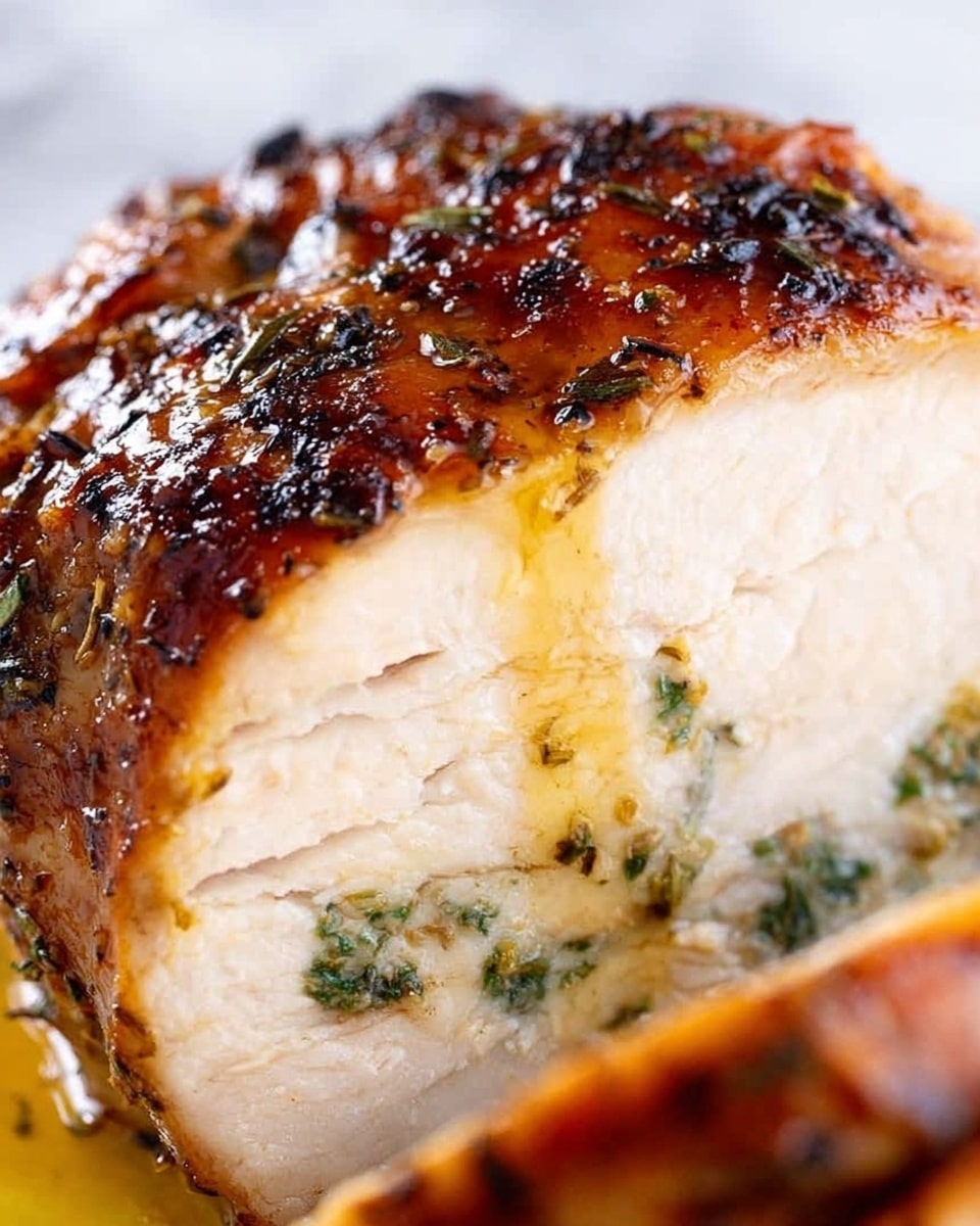 A close-up image shows a thick slice of cooked meat with a dark brown, shiny, and slightly crisp outer layer speckled with small black and green herbs. Inside, the meat is white and tender-looking with several thin layers visible, and some green herb pieces are mixing into the upper part of the white meat. Golden oil drips down from the top onto the white marbled surface below. photo taken with an iphone --ar 4:5 --v 7