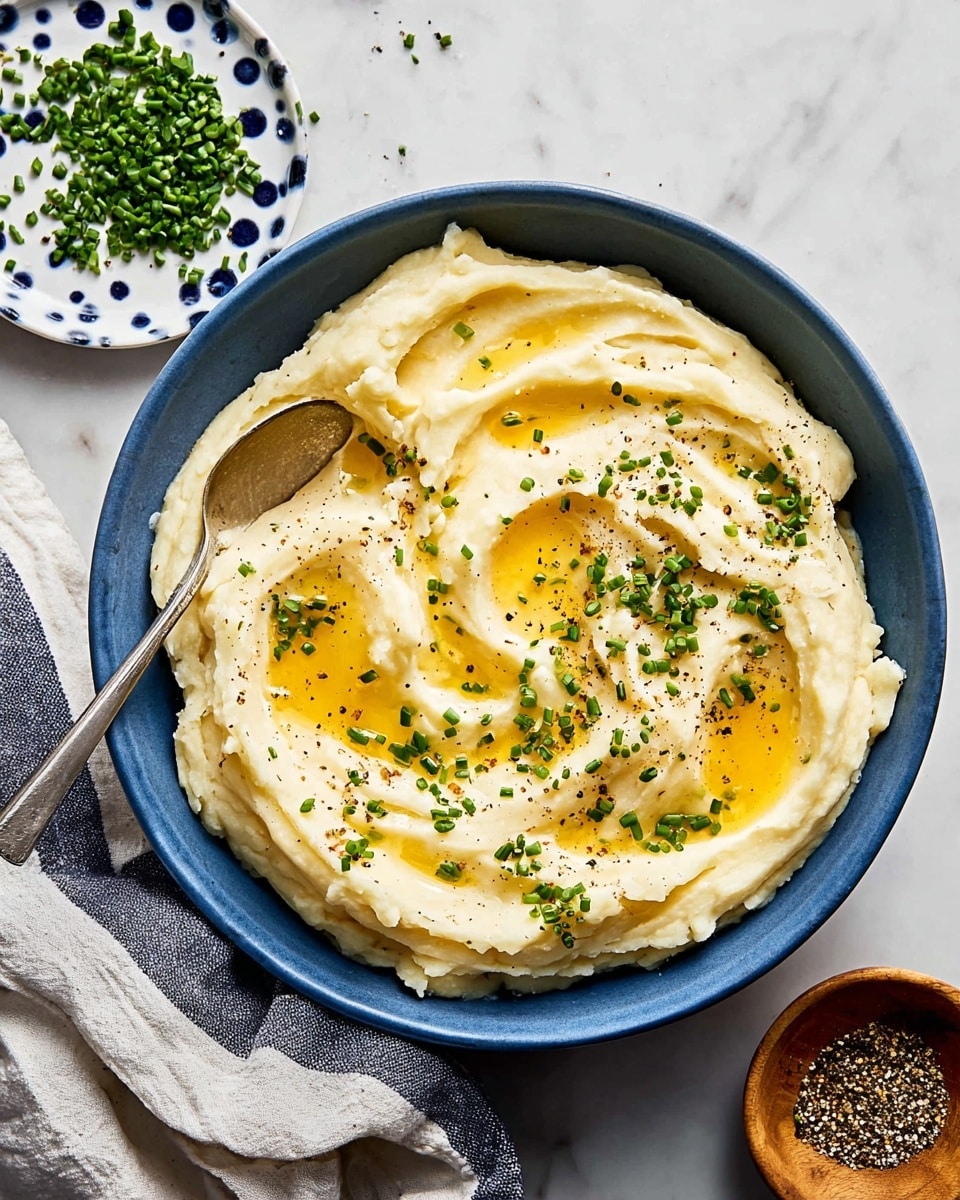 A bowl with a thick layer of creamy mashed potatoes that have a smooth, slightly swirling texture in a pale yellow color. On top, there are three small square pats of butter melting slowly, adding a shiny, glossy layer. Scattered finely cut green chives are spread evenly over the mashed potatoes and butter. Black pepper specks are lightly dusted across the dish, adding a hint of dark contrast. A silver spoon is resting inside the bowl at the right side, partially submerged in the mashed potato. The bowl is white, and the background surface is a white marbled texture. Photo taken with an iphone --ar 4:5 --v 7