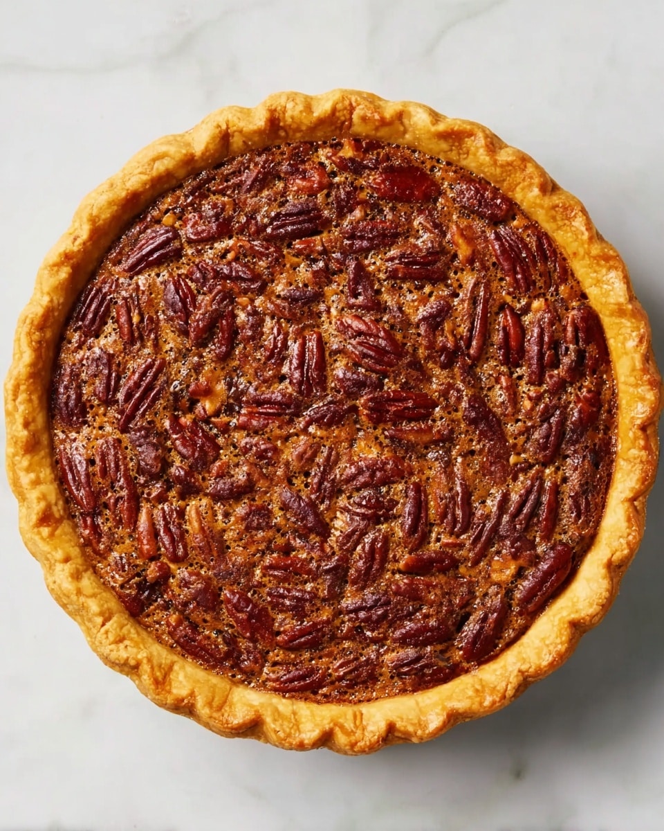 A round pecan pie with a golden brown crust that has a wavy edge, filled with a dense layer of dark caramelized pecans covering the surface evenly, sitting on a white plate, which is placed on a white marbled surface. The top of the pie has a shiny, textured look from the baked filling mixed with pecans, showing a mix of warm brown and amber colors. Photo taken with an iphone --ar 4:5 --v 7