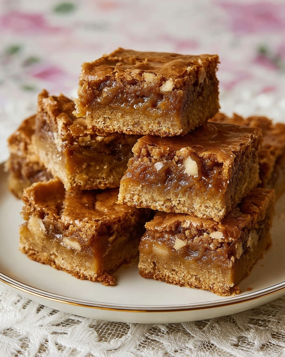 The image shows a stack of six thick, square dessert bars on a white plate. Each bar has two visible layers: a dense, golden-brown base textured with small nut pieces and a slightly lighter brown, sticky middle layer that looks soft and rich, with some gooey nuts inside. The top layer is a thin, cracked crust in a golden-brown color. The bars are arranged unevenly, with one bar balanced on top, showing the gooey layer inside. The plate sits on a white marbled surface covered partially by a white lace cloth and a blurred floral background. photo taken with an iphone --ar 4:5 --v 7