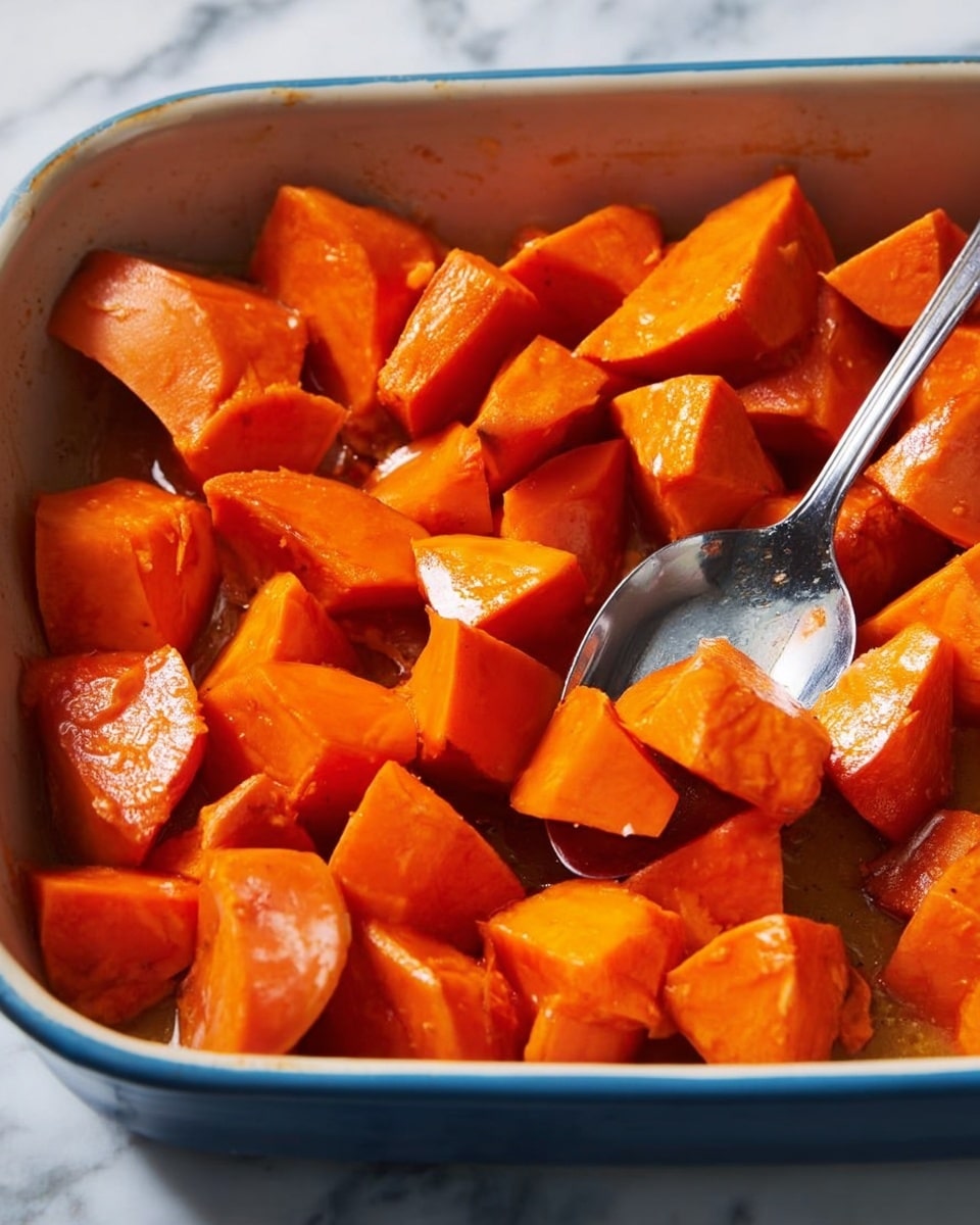 The image shows a white marbled surface with a blue baking dish filled with orange sweet potato chunks. The sweet potatoes are cut into medium-sized pieces and have a shiny surface indicating they are cooked and coated in a glaze or sauce. A silver spoon rests inside the dish, partly under some sweet potato pieces, showing the soft texture. The lighting highlights the bright orange color and glossy appearance of the sweet potatoes clearly. Photo taken with an iphone --ar 4:5 --v 7