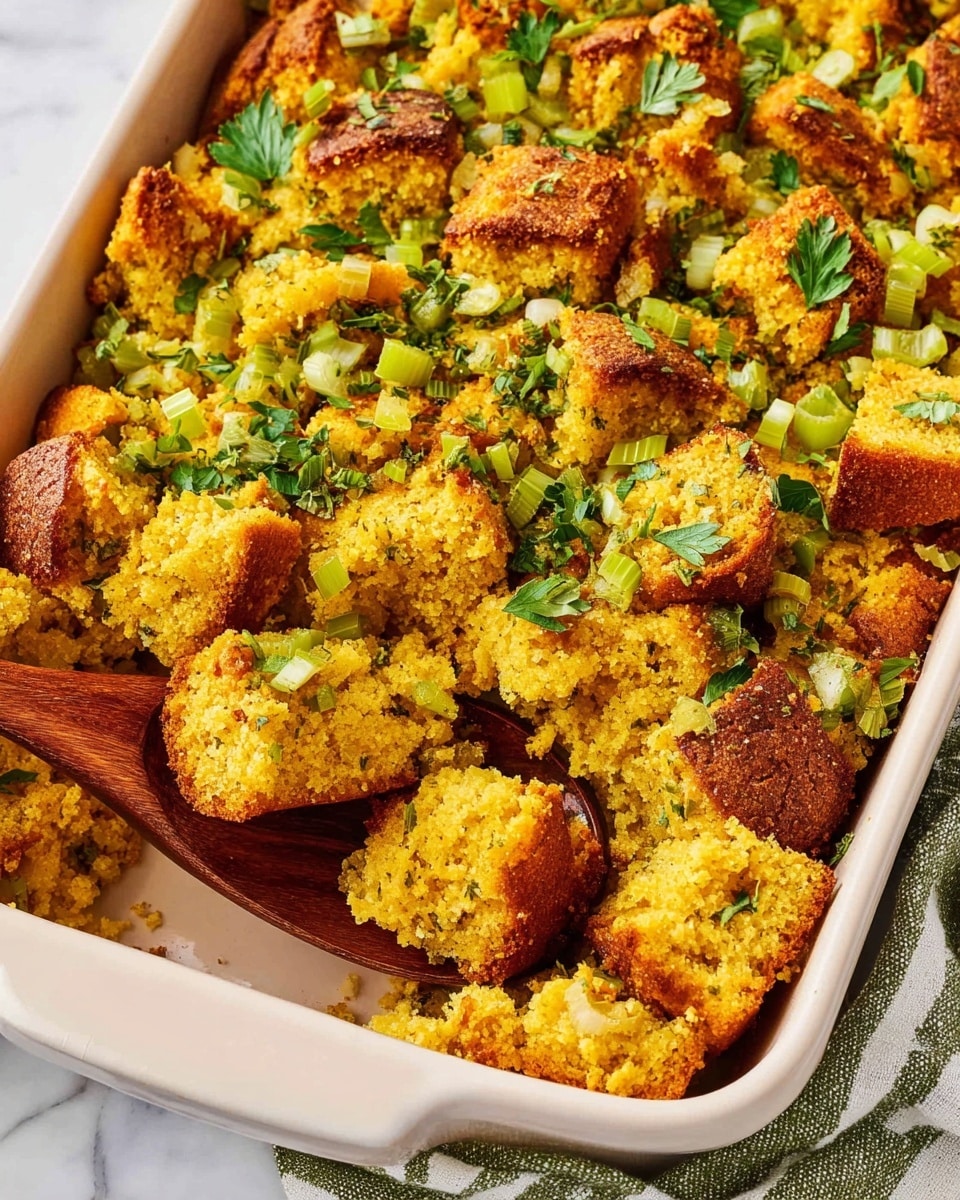 A large white baking dish filled with a golden-brown cornbread stuffing made of crumbly, slightly crispy chunks of cornbread mixed with chopped celery and onions. The stuffing is garnished with fresh green parsley leaves scattered on top. A wooden spoon is scooping a portion from the dish, showing the textured mix of moist crumbs and crunchy browned edges. The dish is set on a white marbled surface with a striped green cloth partially visible at the bottom. photo taken with an iphone --ar 4:5 --v 7