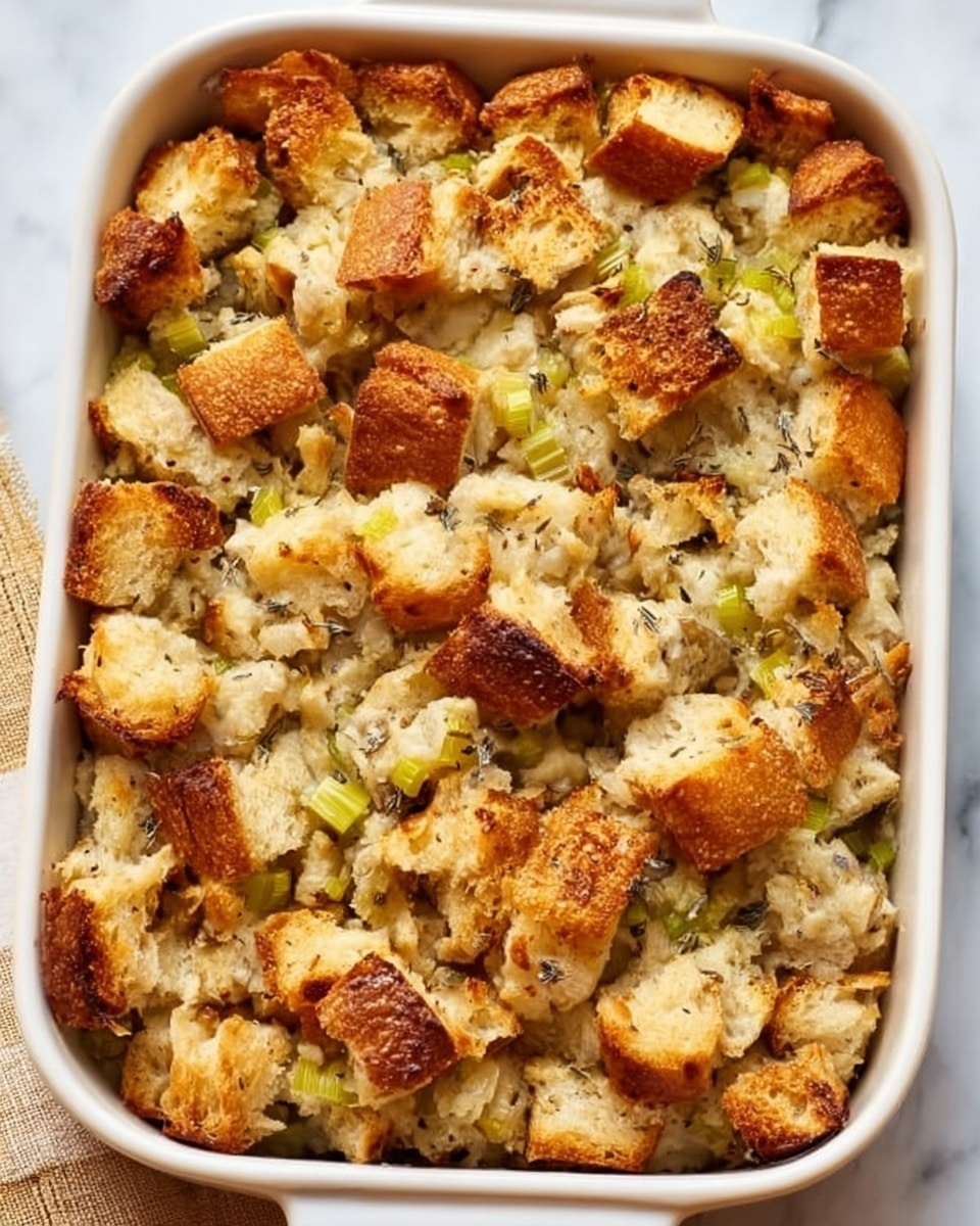 The image shows a white baking dish filled with a layered bread pudding. The top layer is made of golden-brown toasted bread pieces with irregular, crispy edges. Beneath the bread, there is a creamy mixture with small chunks of green celery visible, giving a slightly textured look. The dish sits on a light, neutral-colored cloth, all placed on a white marbled surface. The overall colors are warm with browns and creamy whites dominating the image. photo taken with an iphone --ar 4:5 --v 7