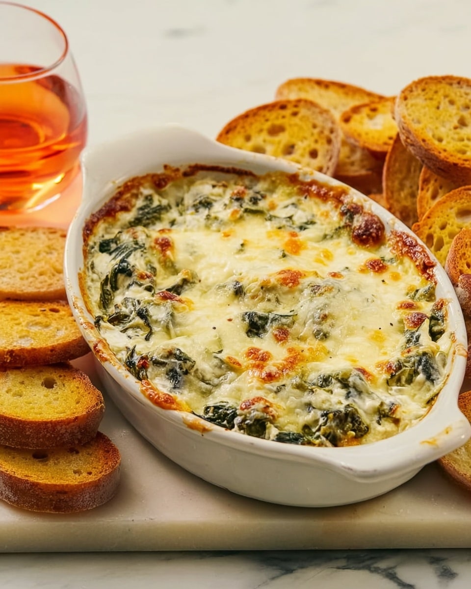 A small green oval dish filled with a creamy spinach and cheese dip baked until the top layer is golden brown with melted cheese, showing bits of green spinach throughout. Next to the dish is a pile of toasted bread slices with a light golden crust and soft inside, arranged loosely on a white marbled surface. There is a glass with a red drink blurred in the background on the left, and a white cloth partially seen under the dish. photo taken with an iphone --ar 4:5 --v 7