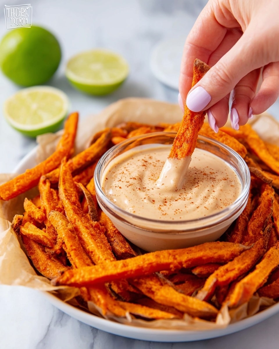 A clear glass bowl filled with smooth, creamy light brown sauce with specks of seasoning sits in the center of a white plate lined with parchment paper. Surrounding the bowl are bright orange, crispy sweet potato fries arranged loosely around it. On the left side of the plate, there are a couple of lime wedges adding a fresh green contrast. A woman's hand with light pink nail polish is dipping one sweet potato fry into the sauce. The whole setup is placed on a white marbled surface. photo taken with an iphone --ar 4:5 --v 7