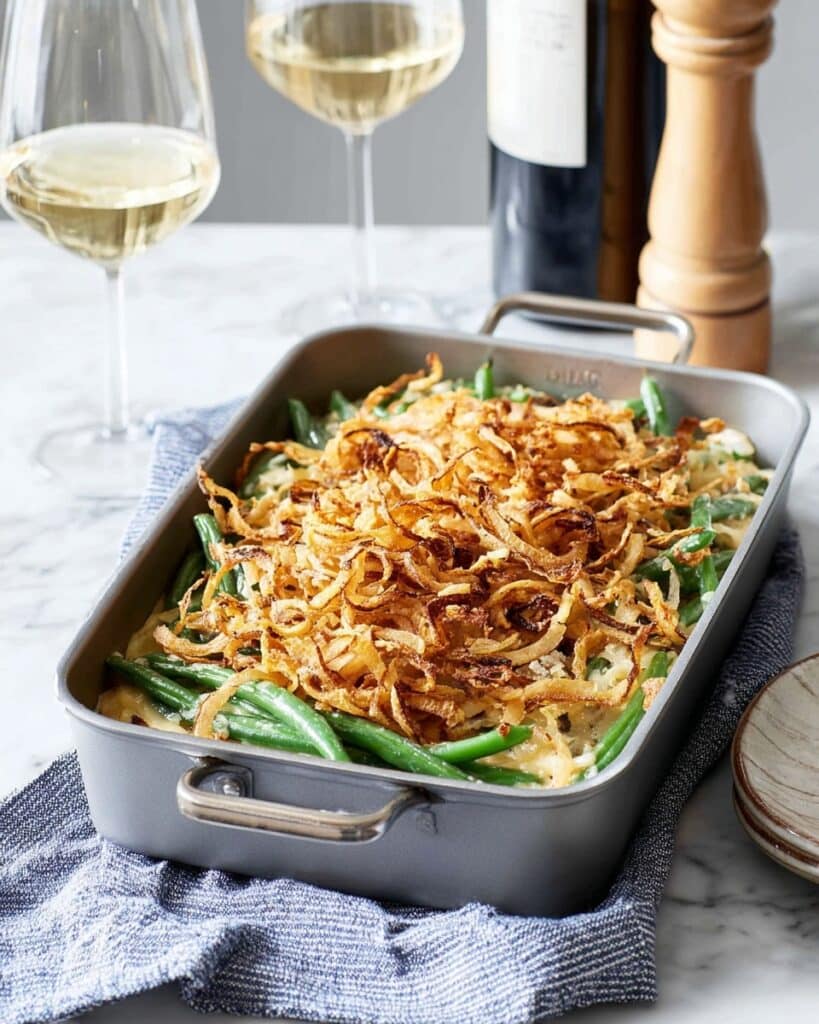 Creamy Mushroom and Green Bean Casserole with Crispy Baked Onions Recipe