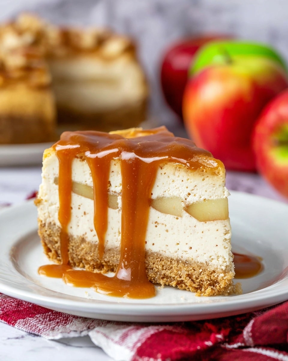 A thick slice of cheesecake sits on a white plate with a raised rim, placed on red and white cloth. The cheesecake has three layers: a bottom crunchy brown crumb crust, a middle pale cream layer speckled with small spices, and a thin layer of soft apple slices just above the crust. The top is covered with rich golden caramel sauce dripping over the edges and running down the sides in three thick streams. The background shows a blurred green apple, a red apple, a small glass jar with caramel, and the remaining cheesecake on a white plate on a white marbled surface. Photo taken with an iphone --ar 4:5 --v 7