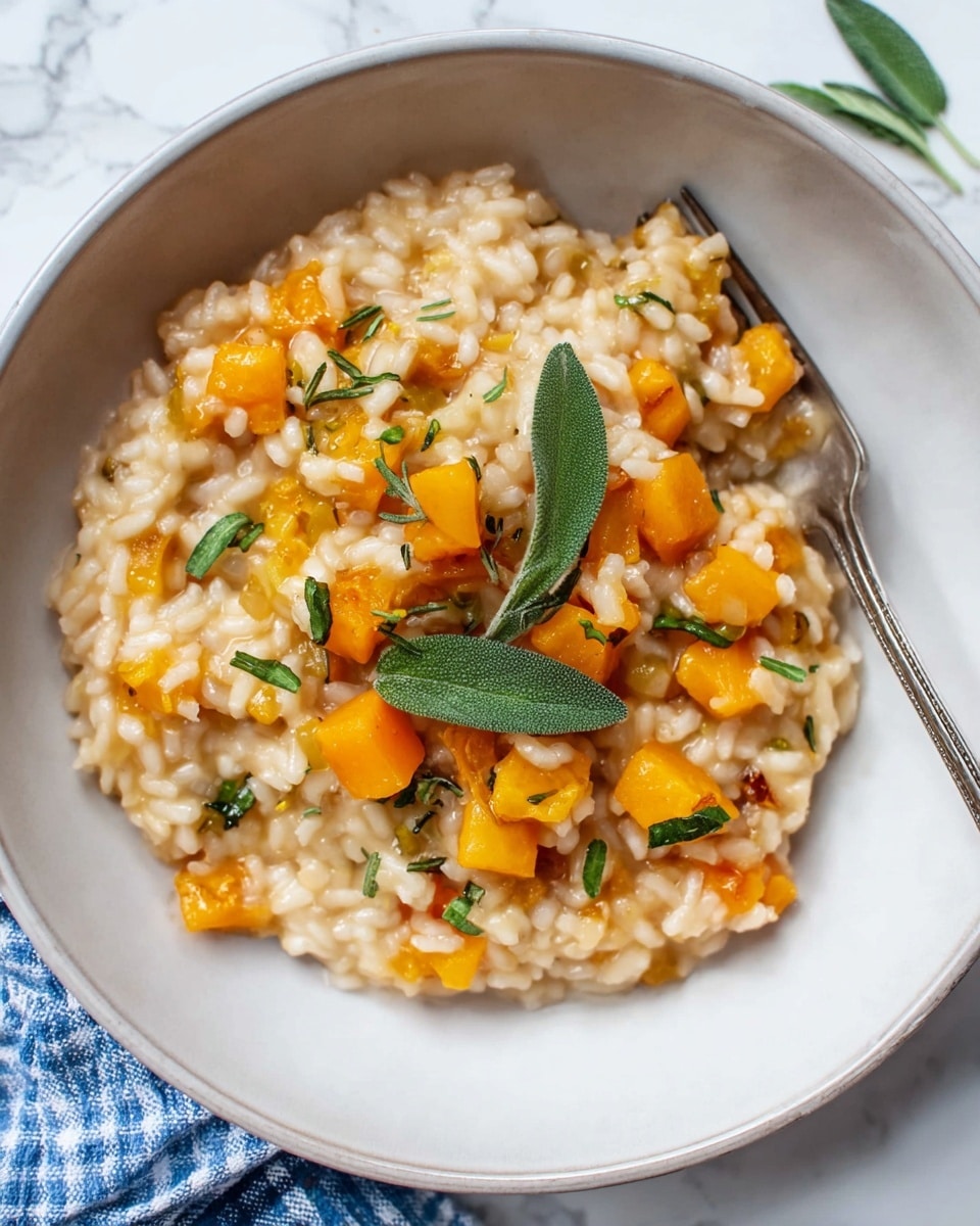 Two white bowls on a white marbled surface hold a creamy risotto with orange cubes of butternut squash mixed throughout the soft, pale rice. The risotto is garnished with fresh green sage leaves and small sprinkles of chopped parsley scattered on top and around the dish. Each bowl contains a silver fork resting within the risotto. Near the top right of the image, a small stainless steel grater holds a small block of pale yellow cheese with dotted patterns. A white cloth with a light blue checkered pattern is seen at the bottom left corner. Photo taken with an iphone --ar 4:5 --v 7